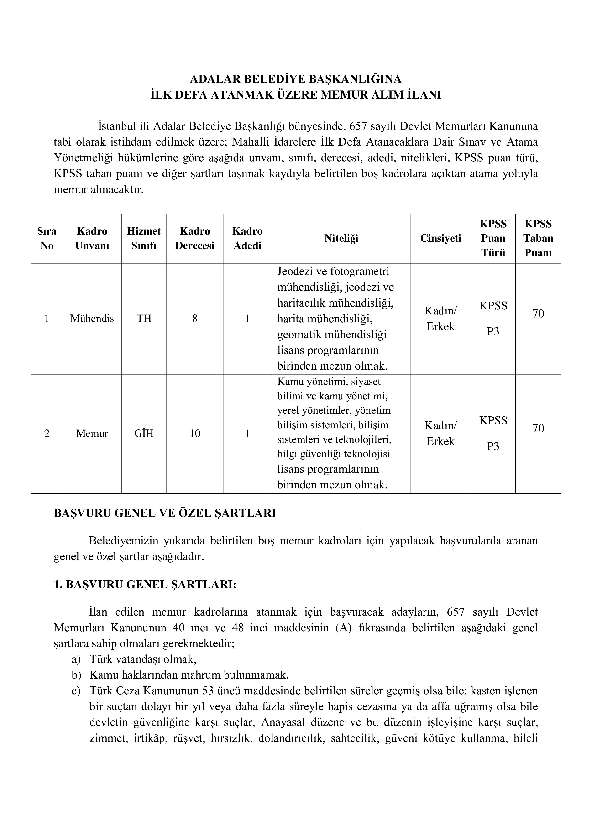 ADALAR BELEDİYE BAŞKANLIĞI 2 MEMUR ALACAK ( 20 Ekim - 24 Ekim) İlan İçeriği Sayfa 1
