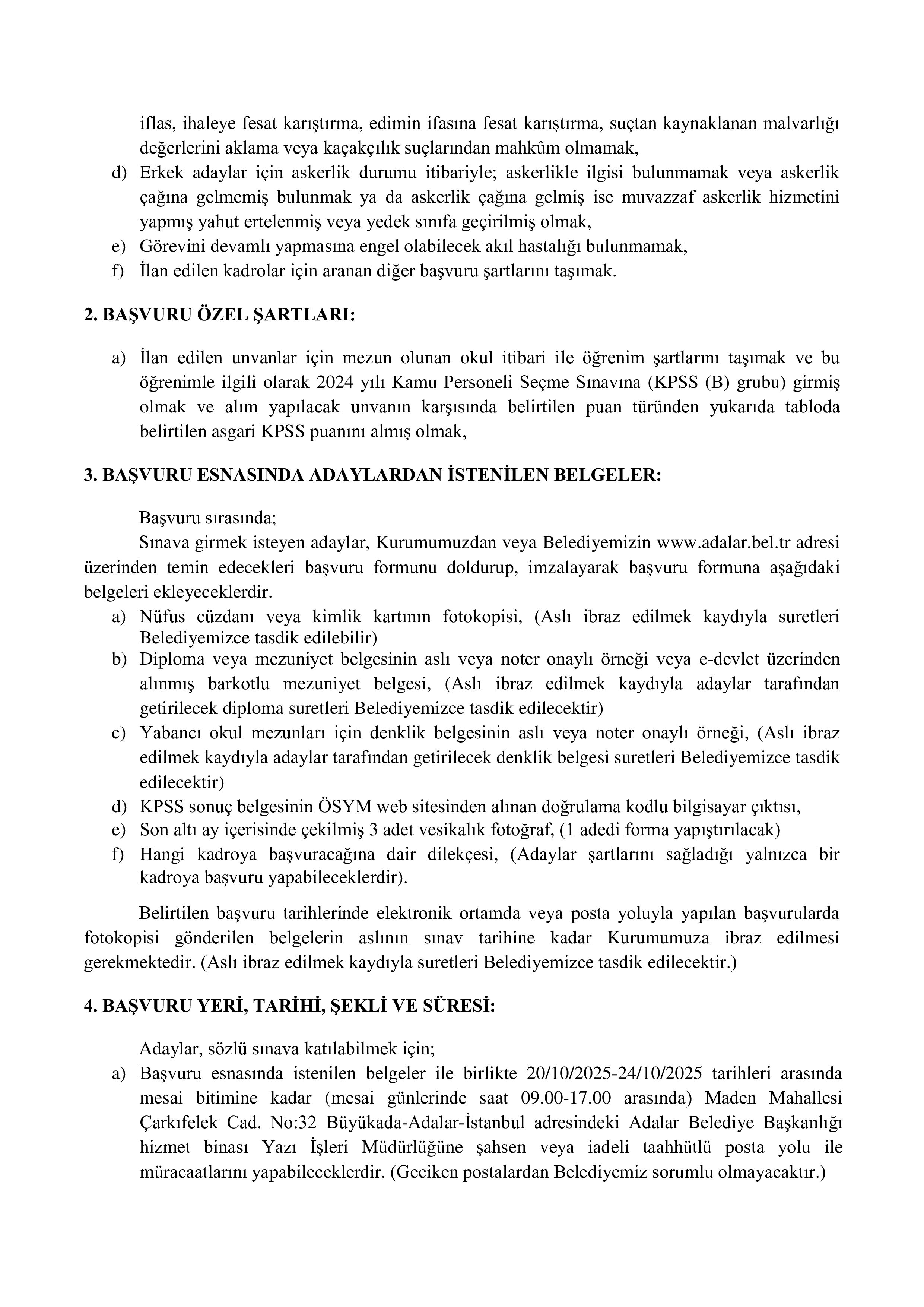 ADALAR BELEDİYE BAŞKANLIĞI 2 MEMUR ALACAK ( 20 Ekim - 24 Ekim) İlan İçeriği Sayfa 2