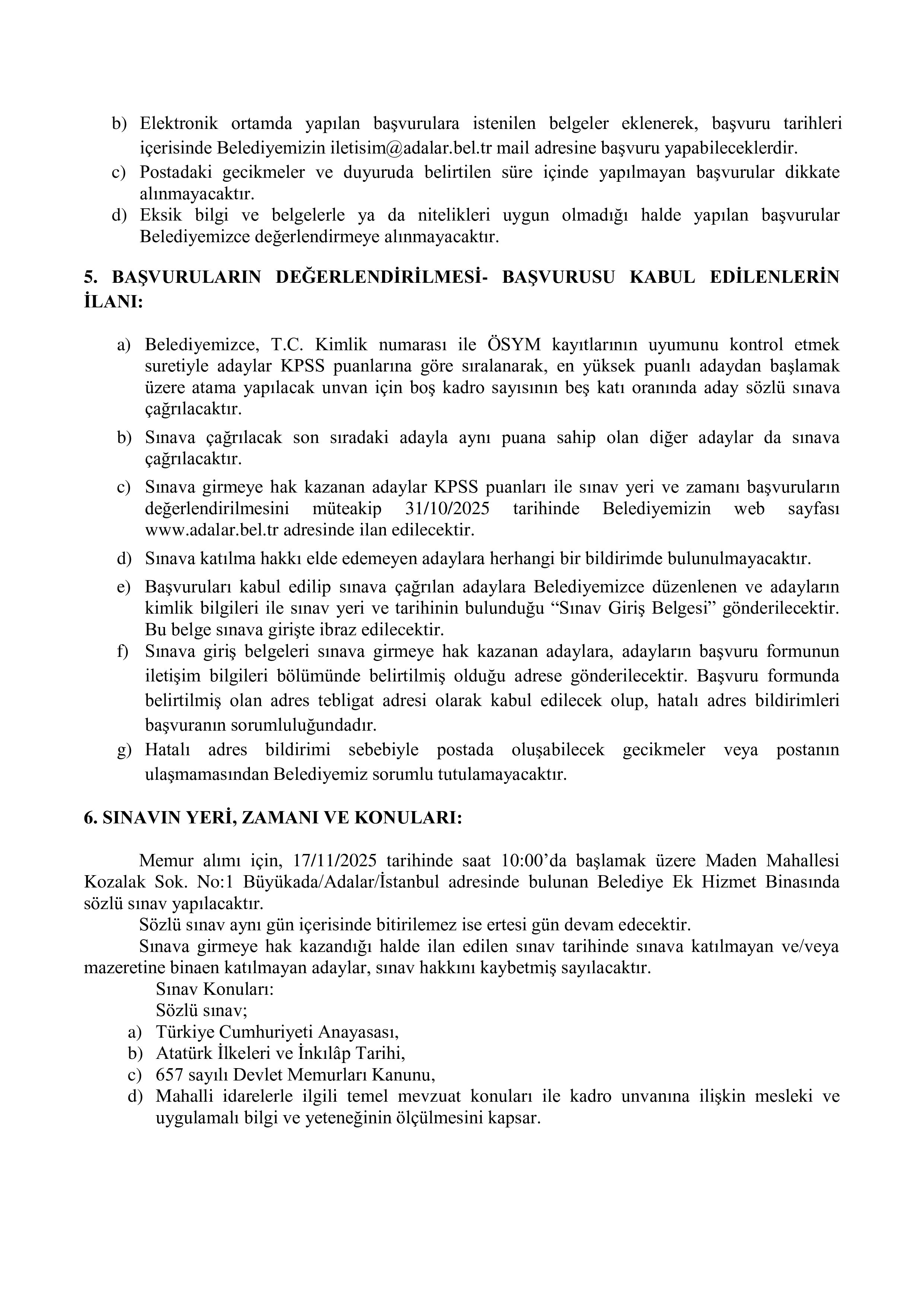ADALAR BELEDİYE BAŞKANLIĞI 2 MEMUR ALACAK ( 20 Ekim - 24 Ekim) İlan İçeriği Sayfa 3