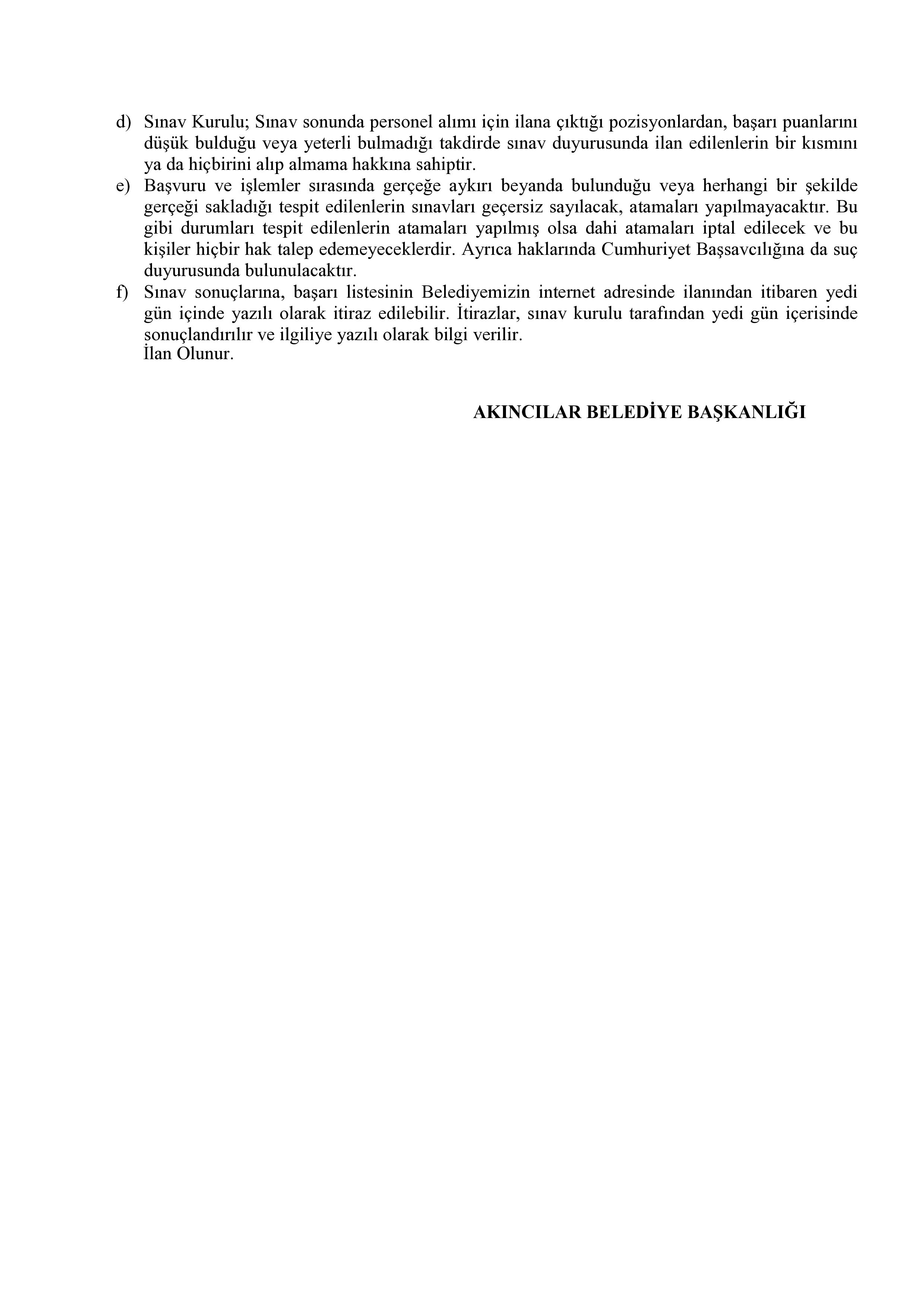 AKINCILAR (SİVAS) BELEDİYE BAŞKANLIĞI 3 SÖZLEŞMELİ PERSONEL ALACAK ( 9 Aralık - 11 Aralık) İlan İçeriği Sayfa 4
