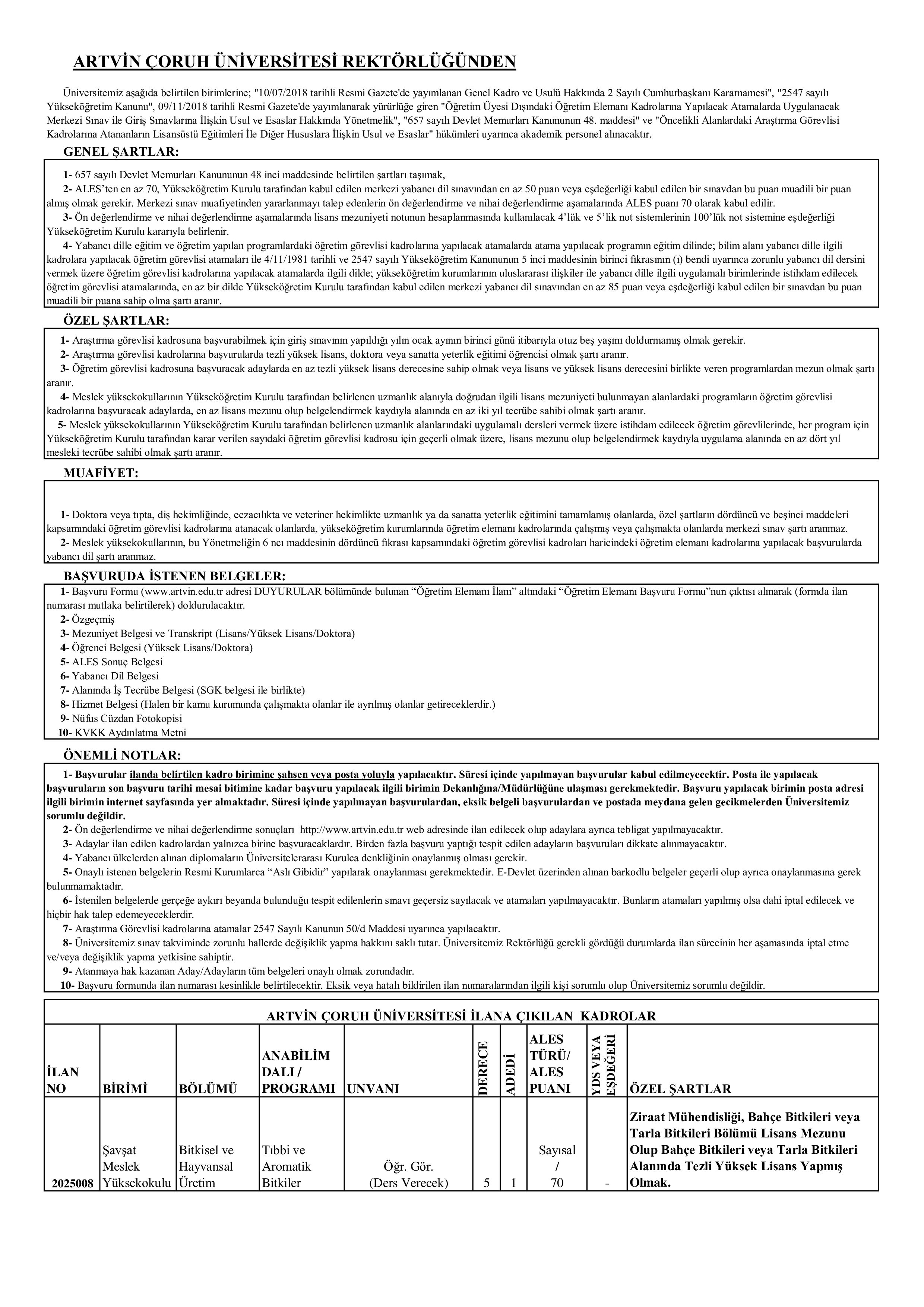 ARTVİN ÇORUH ÜNİVERSİTESİ 9 ÖĞRETİM ELEMANI ALACAK ( 5 Kasım - 19 Kasım) İlan İçeriği Sayfa 1
