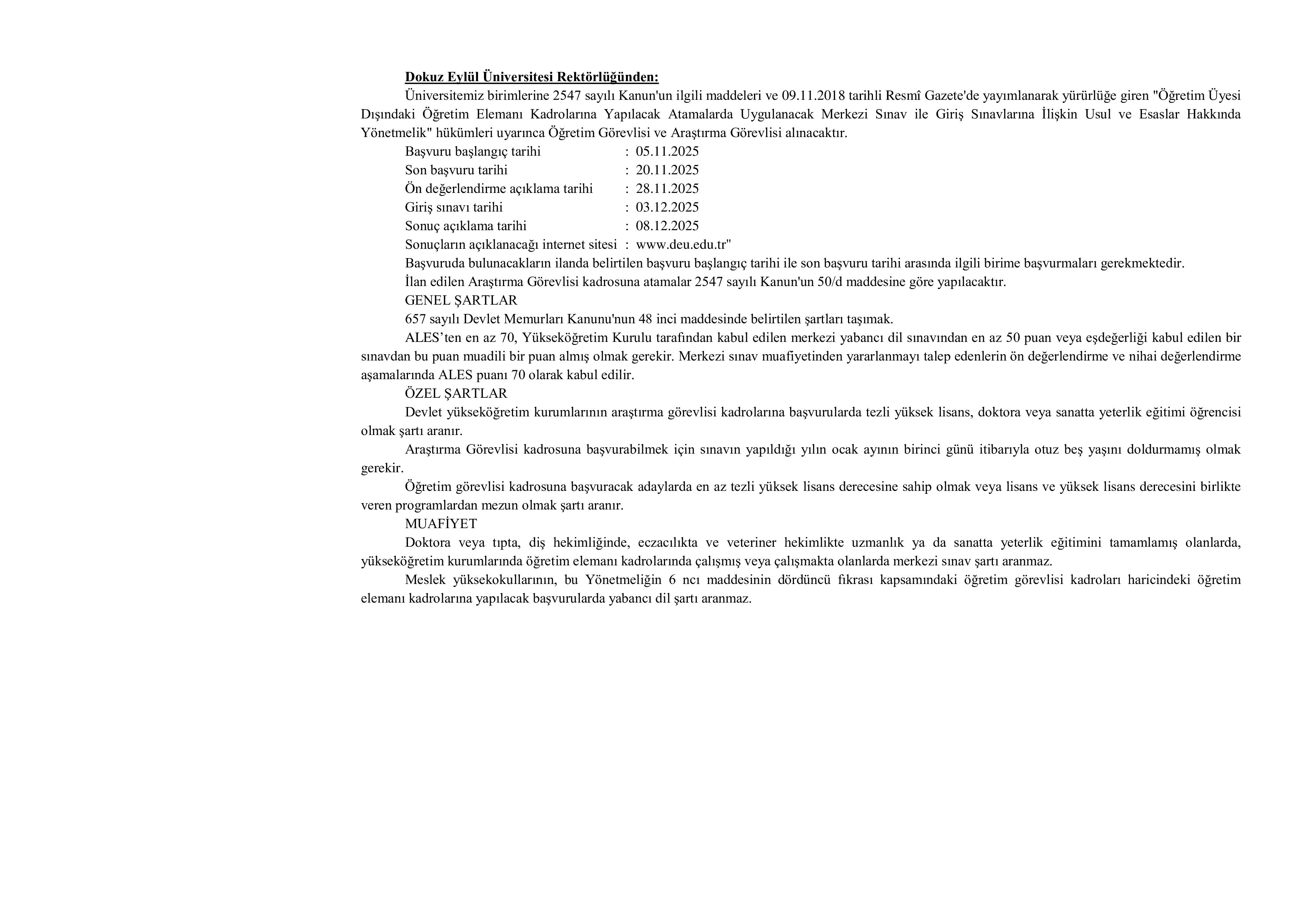 DOKUZ EYLÜL ÜNİVERSİTESİ 7  ALACAK ( 5 Kasım - 20 Kasım) İlan İçeriği Sayfa 1