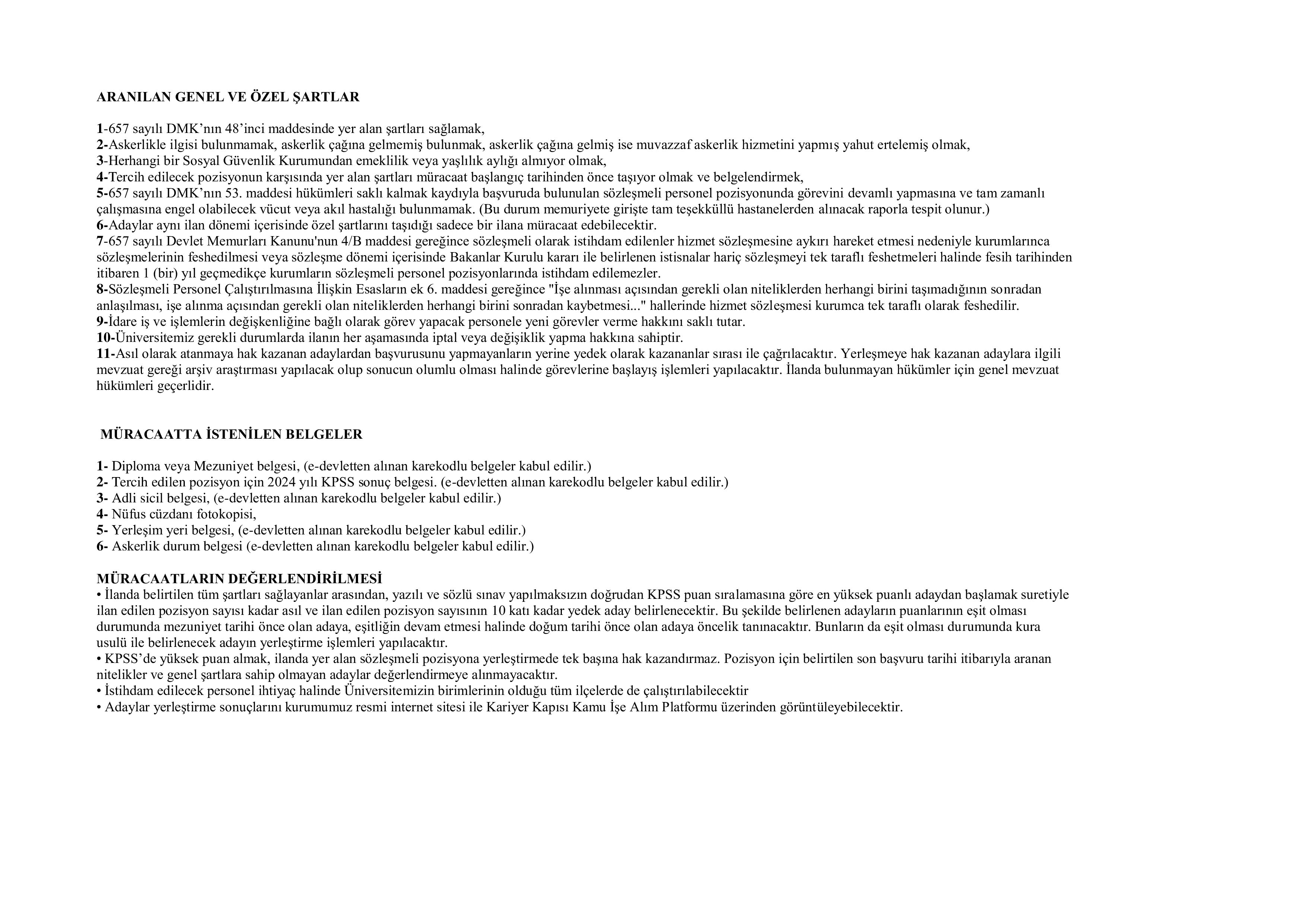 KASTAMONU ÜNİVERSİTESİ 4 SÖZLEŞMELİ PERSONEL ALACAK ( 5 Kasım - 19 Kasım) İlan İçeriği Sayfa 2