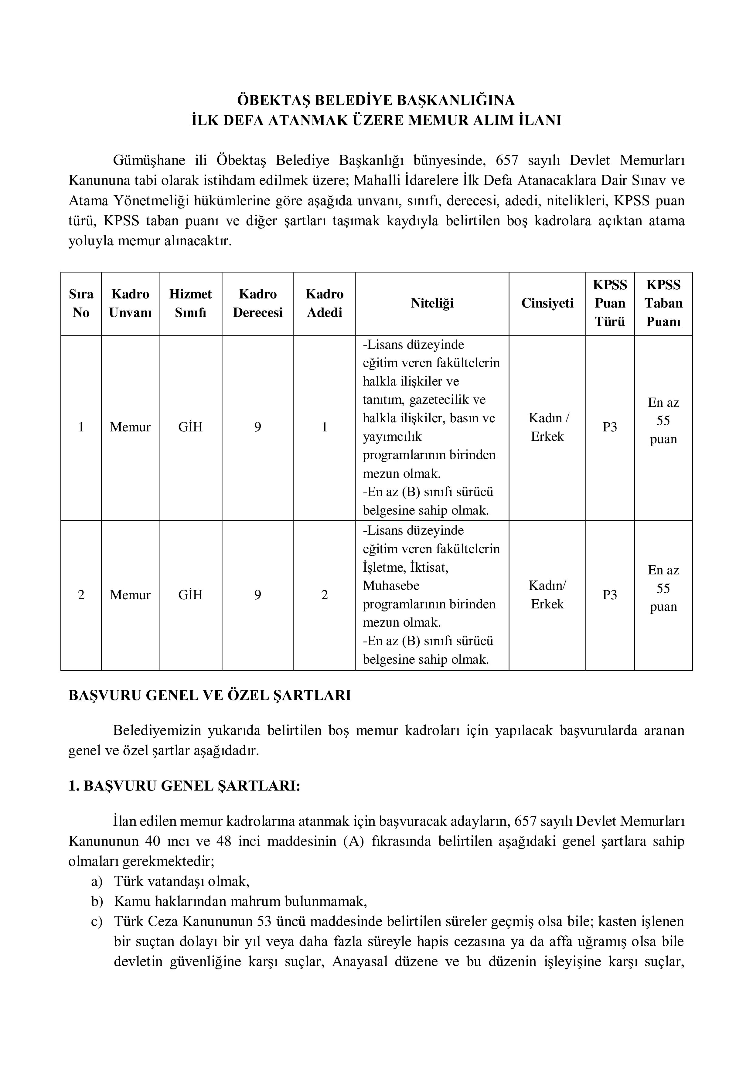 ÖBEKTAŞ BELEDİYE BAŞKANLIĞI 3 MEMUR ALACAK ( 15 Aralık - 17 Aralık) İlan İçeriği Sayfa 1