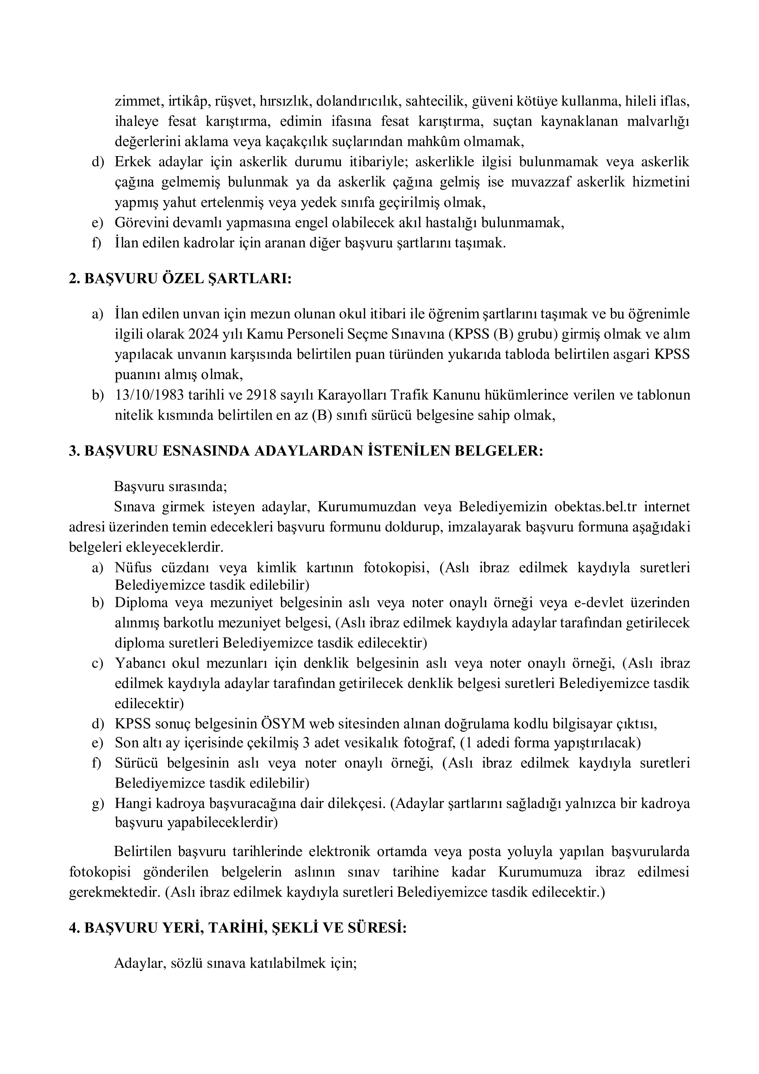 ÖBEKTAŞ BELEDİYE BAŞKANLIĞI 3 MEMUR ALACAK ( 15 Aralık - 17 Aralık) İlan İçeriği Sayfa 2