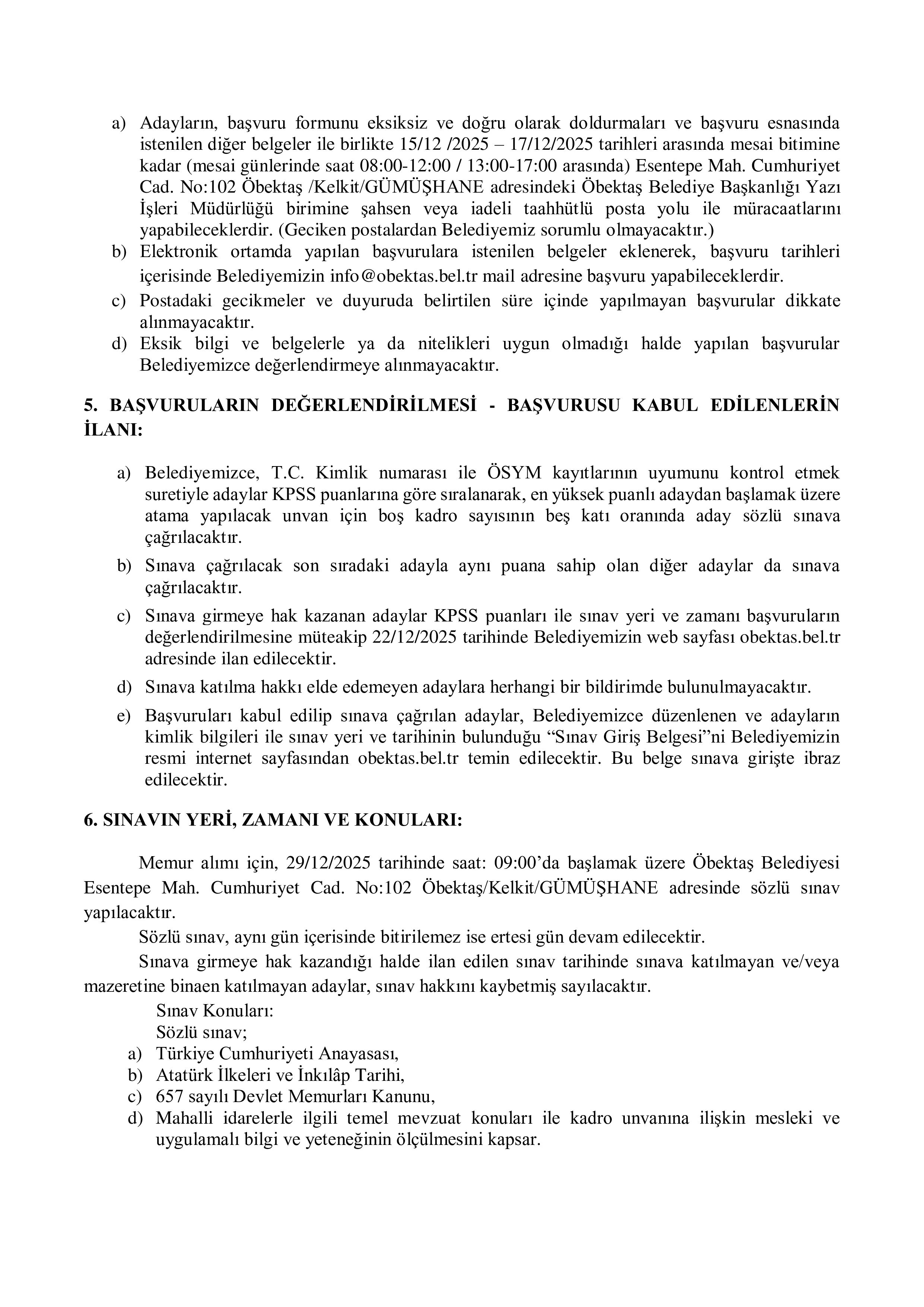 ÖBEKTAŞ BELEDİYE BAŞKANLIĞI 3 MEMUR ALACAK ( 15 Aralık - 17 Aralık) İlan İçeriği Sayfa 3