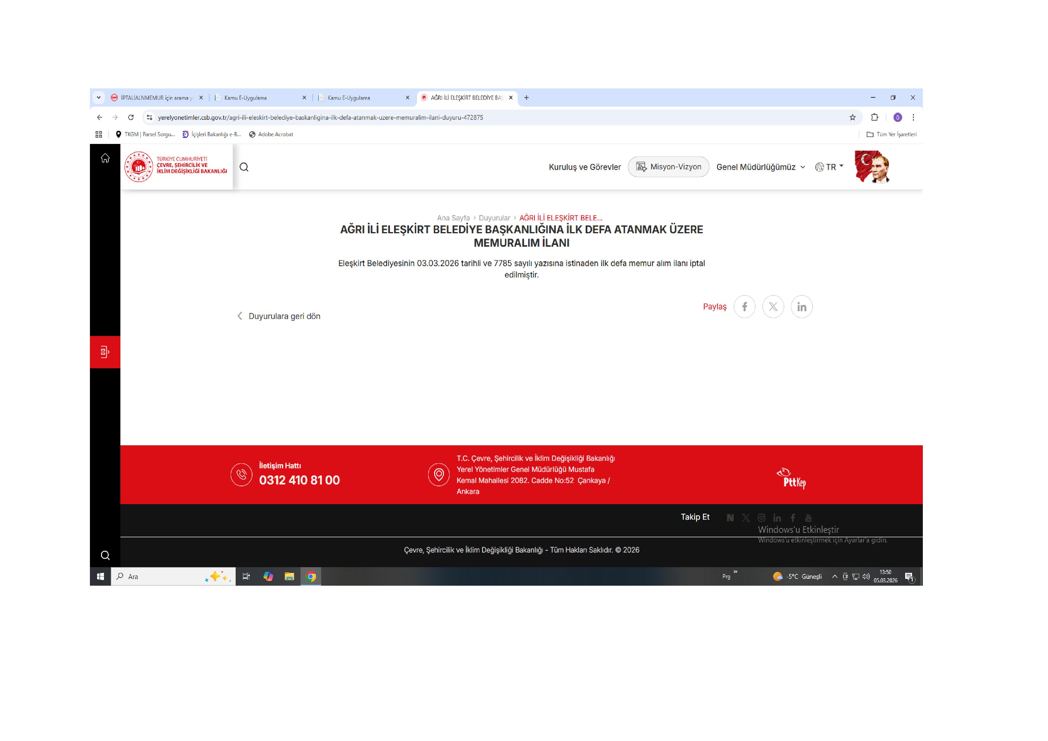 ELEŞKİRT BELEDİYE BAŞKANLIĞI İPTAL İLANI  ( 5 Mart - 15 Mart) İlan İçeriği Sayfa 1