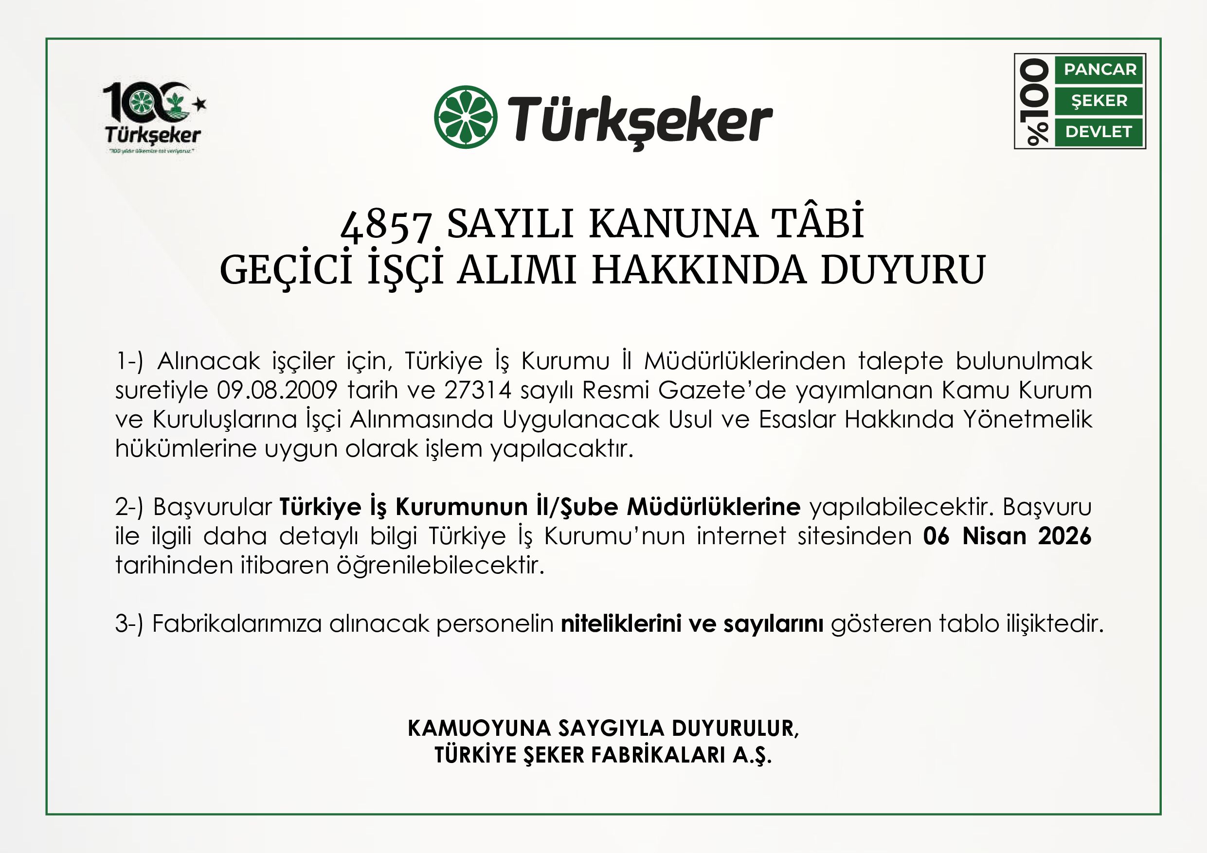 İlan İçeriği Sayfa 1 TÜRKİYE ŞEKER FABRİKALARI A.Ş. GENEL MÜDÜRLÜĞÜ 525 GEÇİCİ İŞÇİ ALACAK ( 6 Nisan - 10 Nisan) İlan İçeriği Sayfa 1