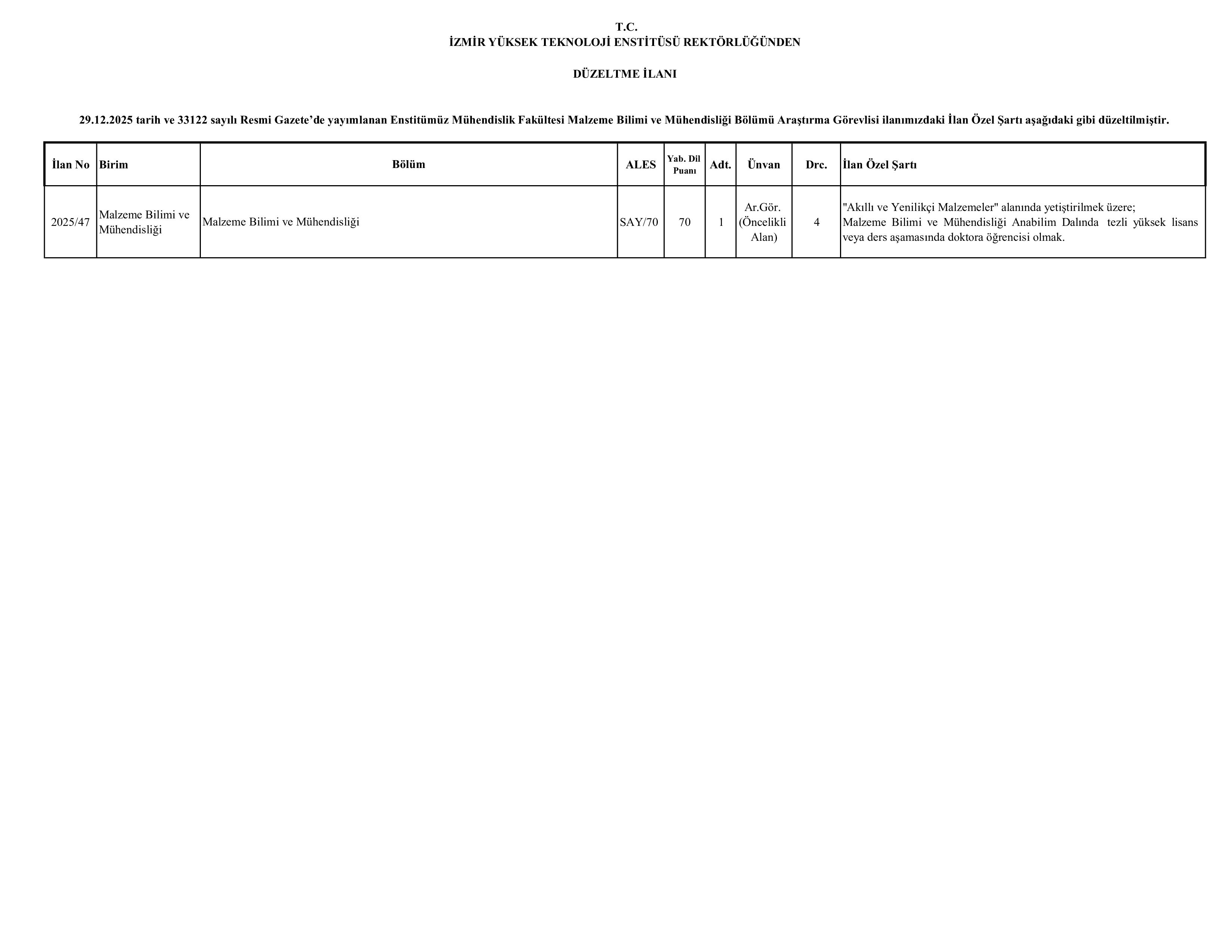 İlan İçeriği Sayfa 1 İZMİR YÜKSEK TEKNOLOJİ ENSTİTÜSÜ DÜZELTME İLANI (ARAŞTIRMA GÖREVLİSİ) 1 ADET ( 5 Ocak - 13 Ocak) İlan İçeriği Sayfa 1