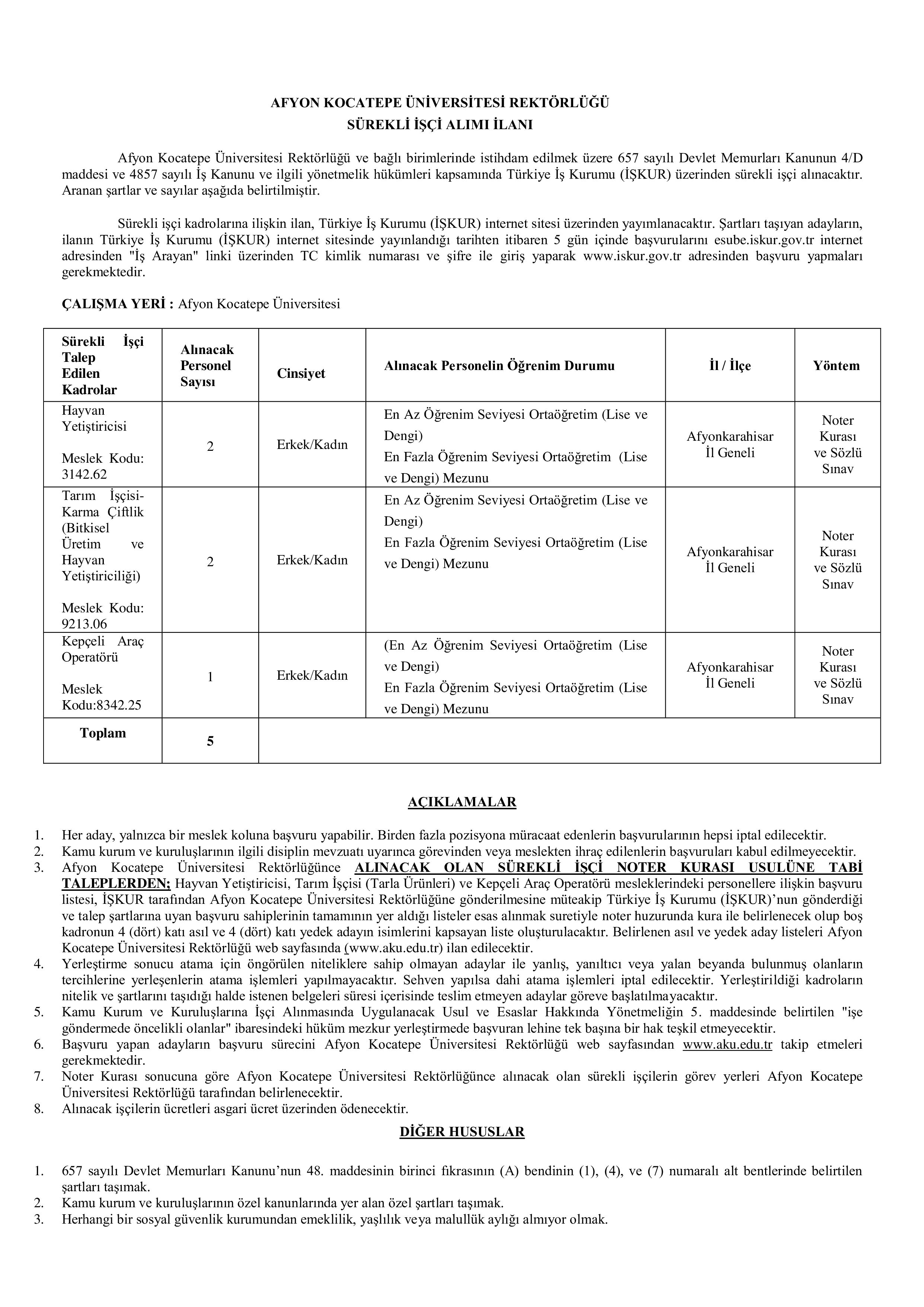 İlan İçeriği Sayfa 1 AFYON KOCATEPE ÜNİVERSİTESİ 5 SüREKLİ İŞÇİ ALACAK ( 5 Şubat - 9 Şubat) İlan İçeriği Sayfa 1