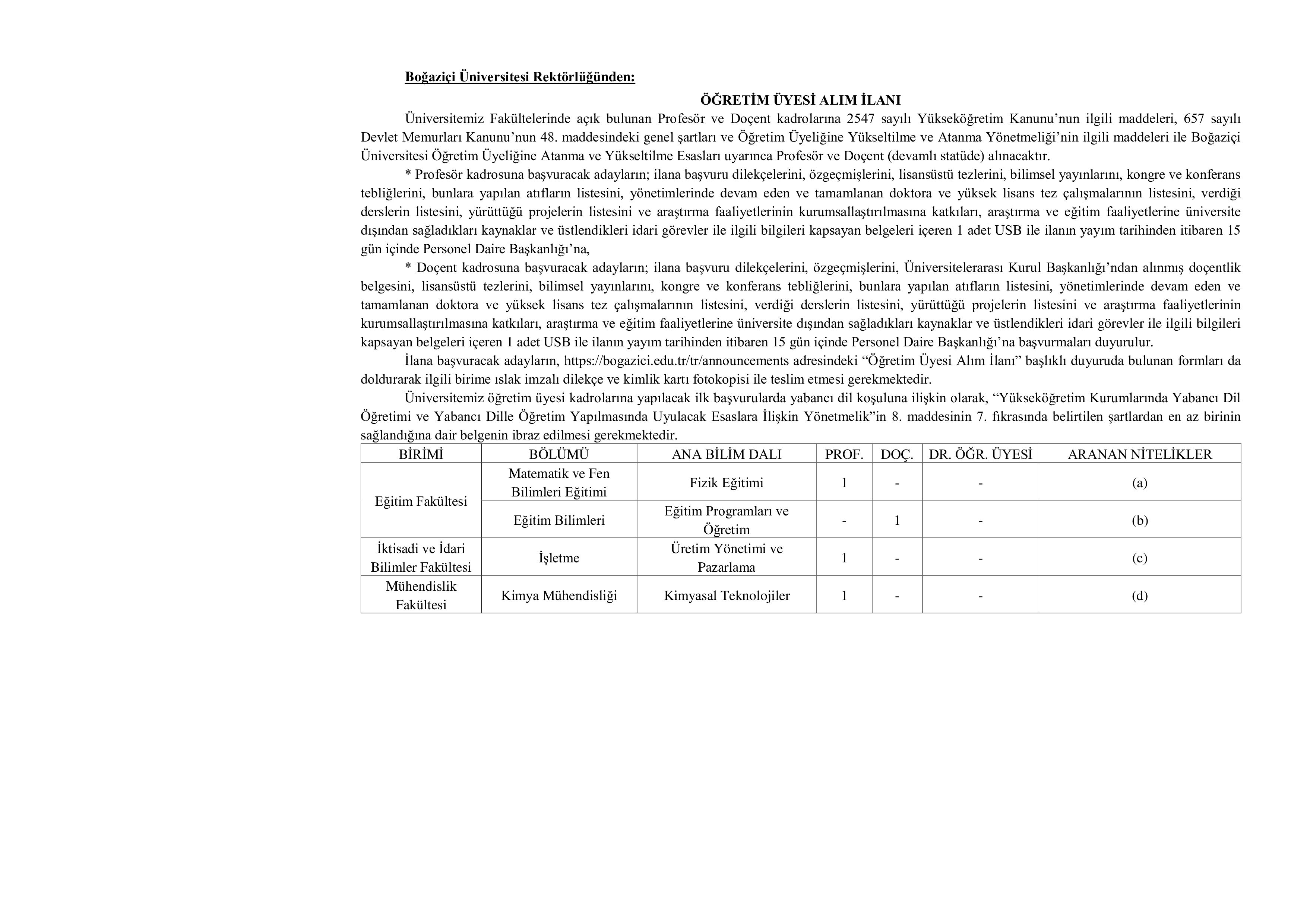 BOĞAZİÇİ ÜNİVERSİTESİ 5 ÖĞRETİM ELEMANI ALACAK ( 6 Ekim - 20 Ekim) İlan İçeriği Sayfa 1