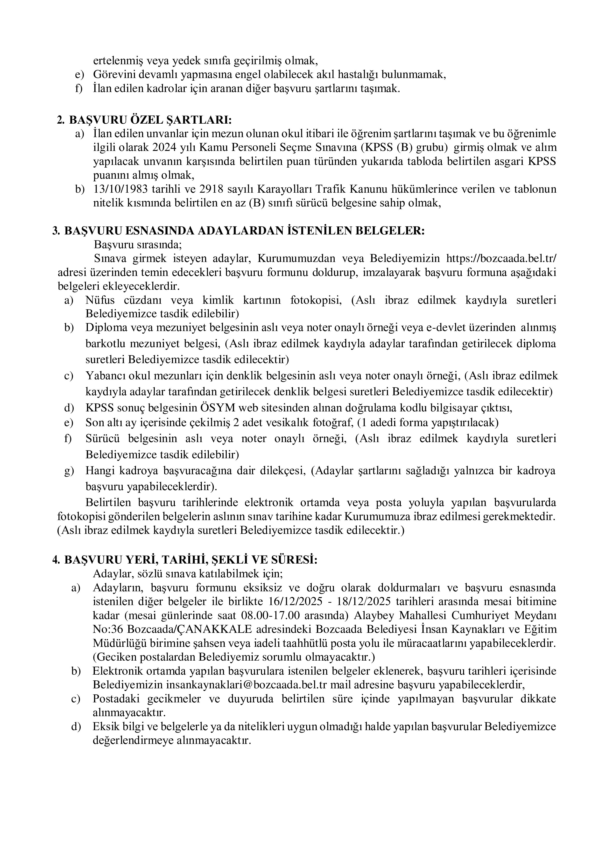 BOZCAADA BELEDİYE BAŞKANLIĞI 3 MEMUR ALACAK ( 16 Aralık - 18 Aralık) İlan İçeriği Sayfa 2