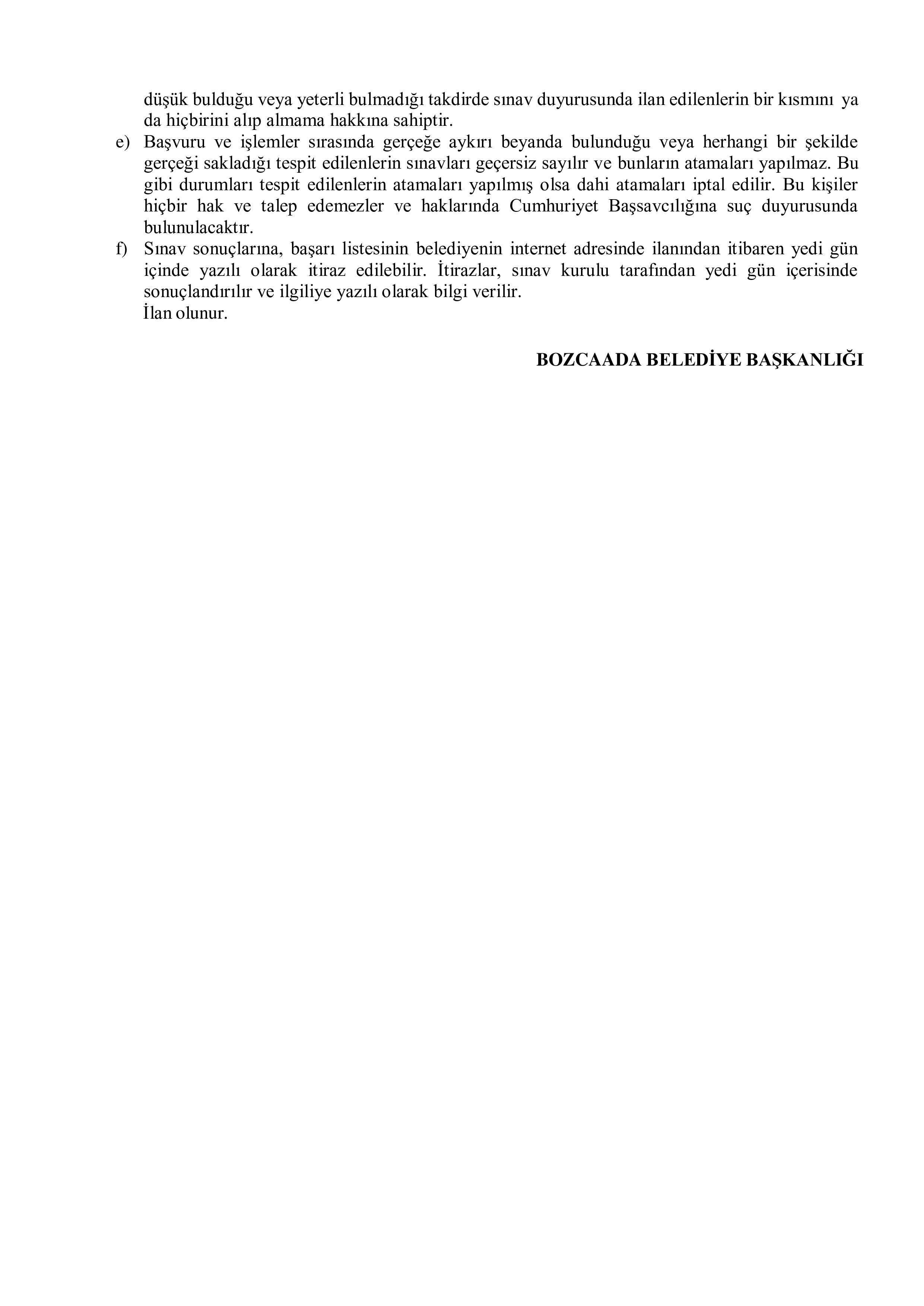 BOZCAADA BELEDİYE BAŞKANLIĞI 3 MEMUR ALACAK ( 16 Aralık - 18 Aralık) İlan İçeriği Sayfa 4
