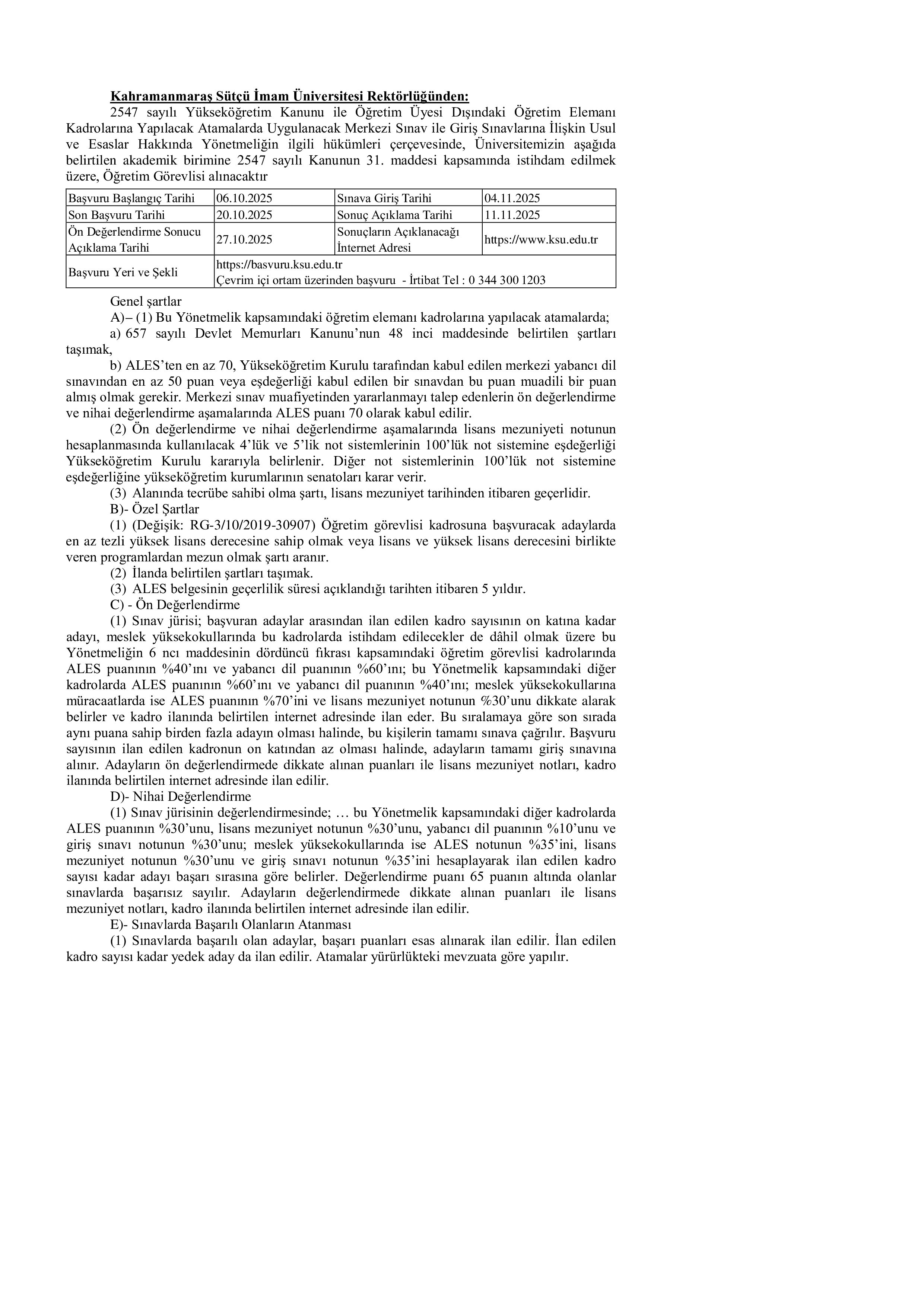 KAHRAMANMARAŞ SÜTÇÜ İMAM ÜNİVERSİTESİ 1 ÖĞRETİM ELEMANI ALACAK ( 6 Ekim - 20 Ekim) İlan İçeriği Sayfa 1