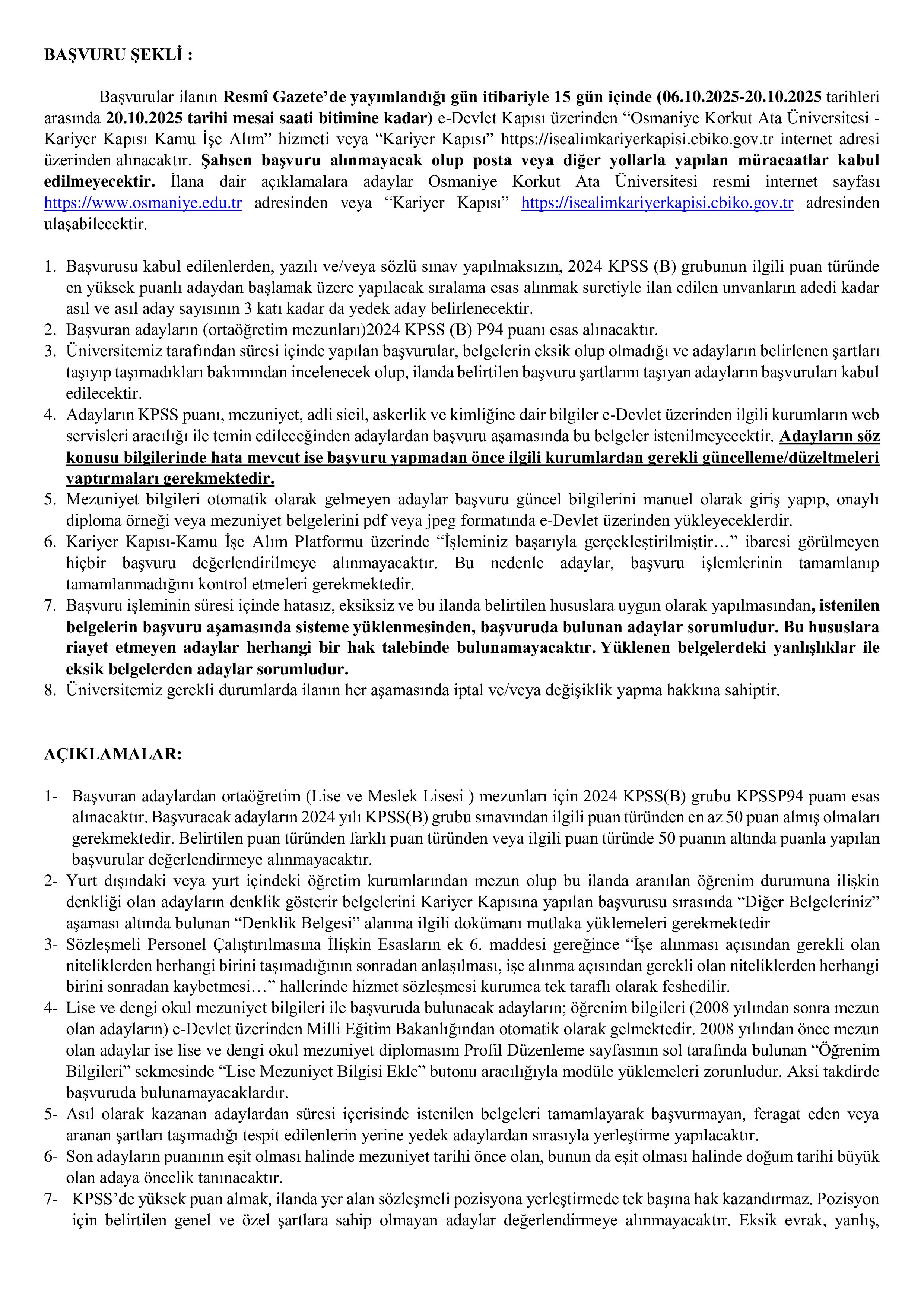 OSMANİYE KORKUT ATA ÜNİVERSİTESİ 4 SÖZLEŞMELİ PERSONEL ALACAK ( 6 Ekim - 20 Ekim) İlan İçeriği Sayfa 2