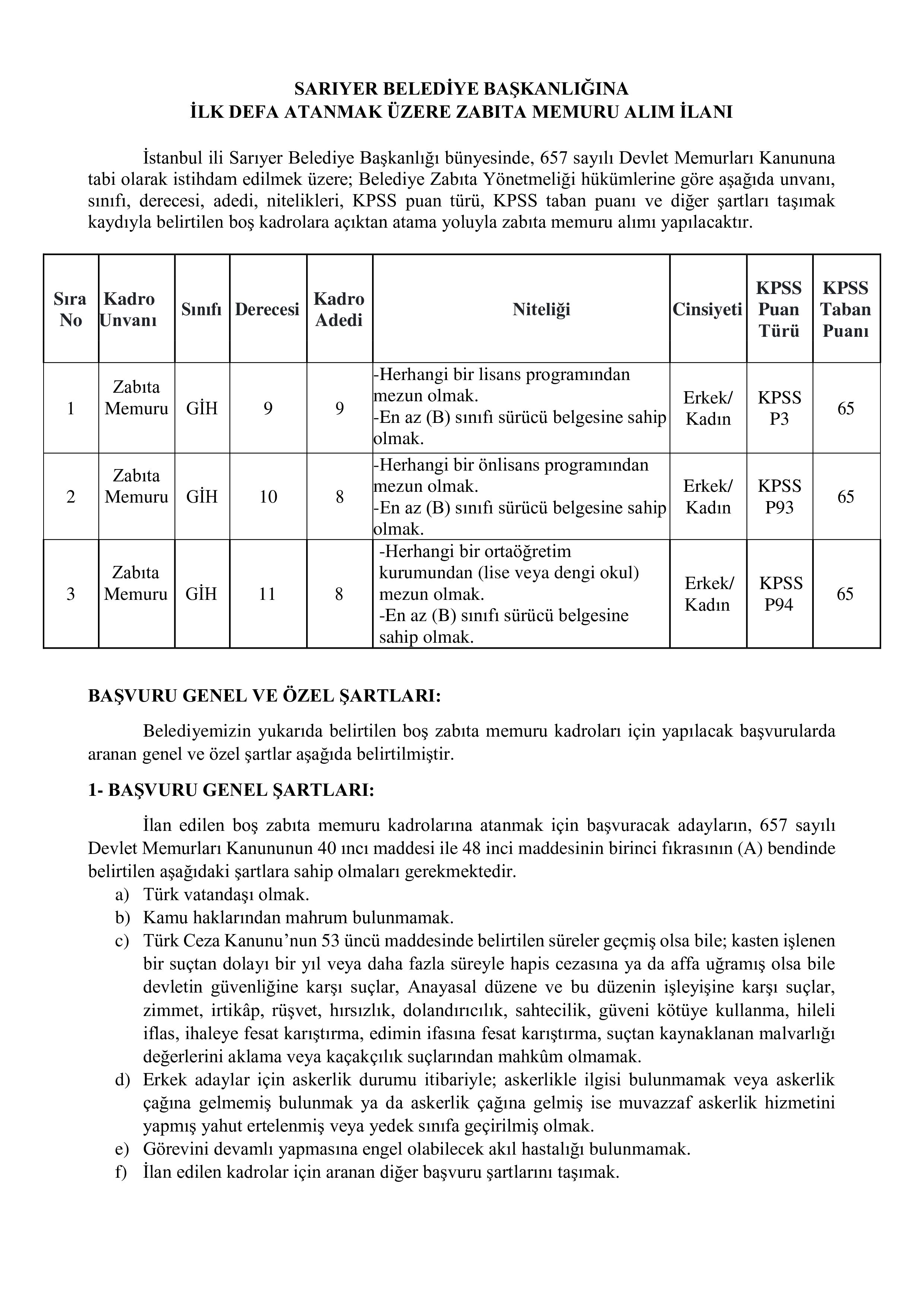 SARIYER BELEDİYE BAŞKANLIĞI 25 ZABITA MEMURU ALACAK ( 17 Kasım - 21 Kasım) İlan İçeriği Sayfa 1