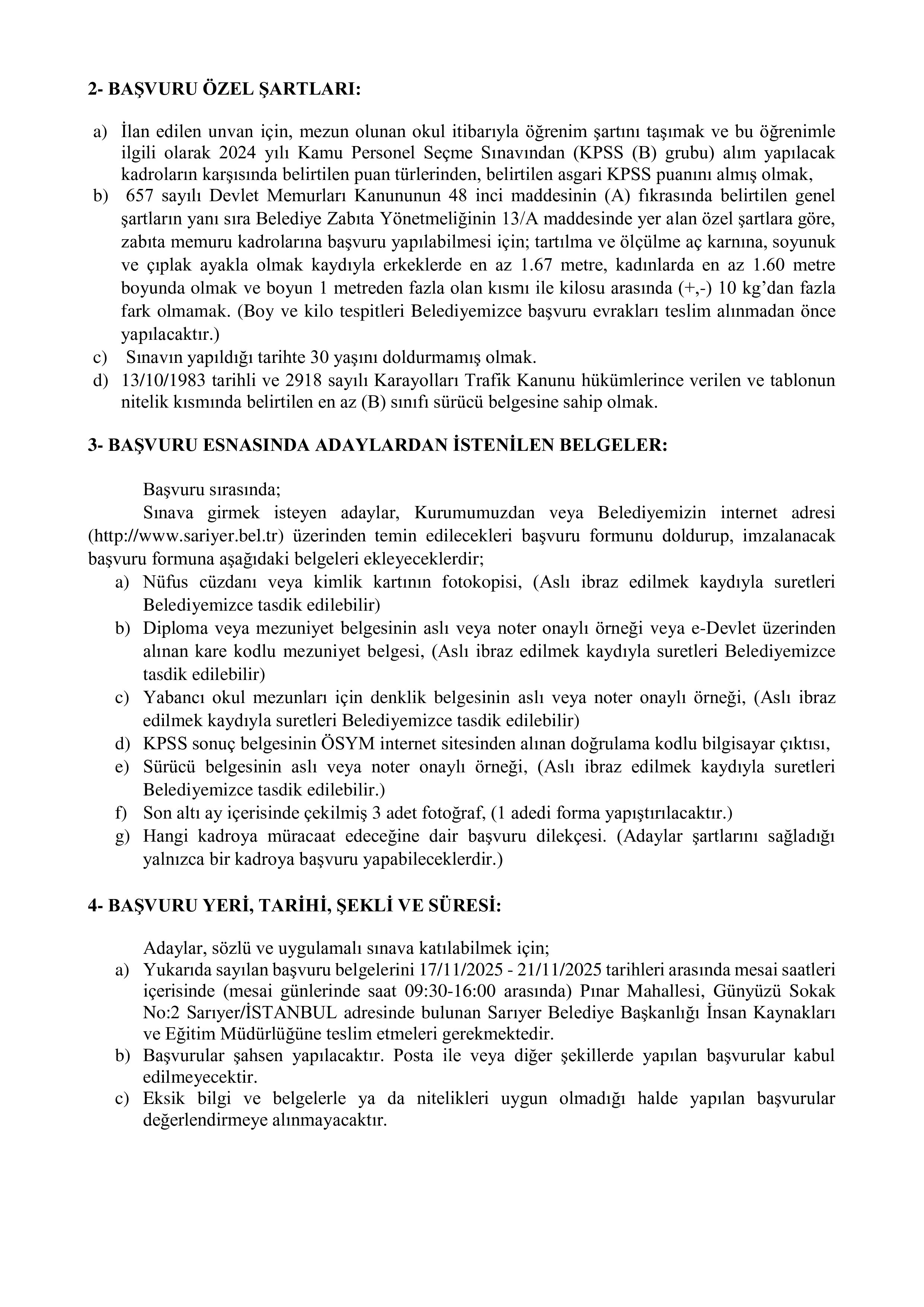 SARIYER BELEDİYE BAŞKANLIĞI 25 ZABITA MEMURU ALACAK ( 17 Kasım - 21 Kasım) İlan İçeriği Sayfa 2