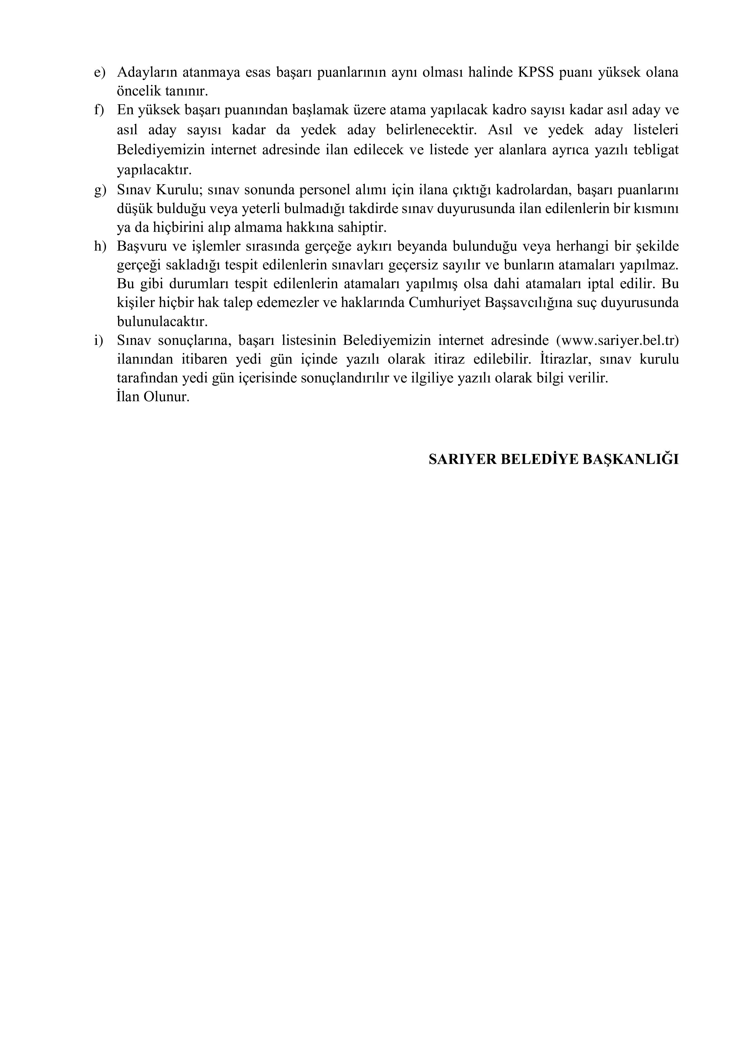 SARIYER BELEDİYE BAŞKANLIĞI 25 ZABITA MEMURU ALACAK ( 17 Kasım - 21 Kasım) İlan İçeriği Sayfa 4