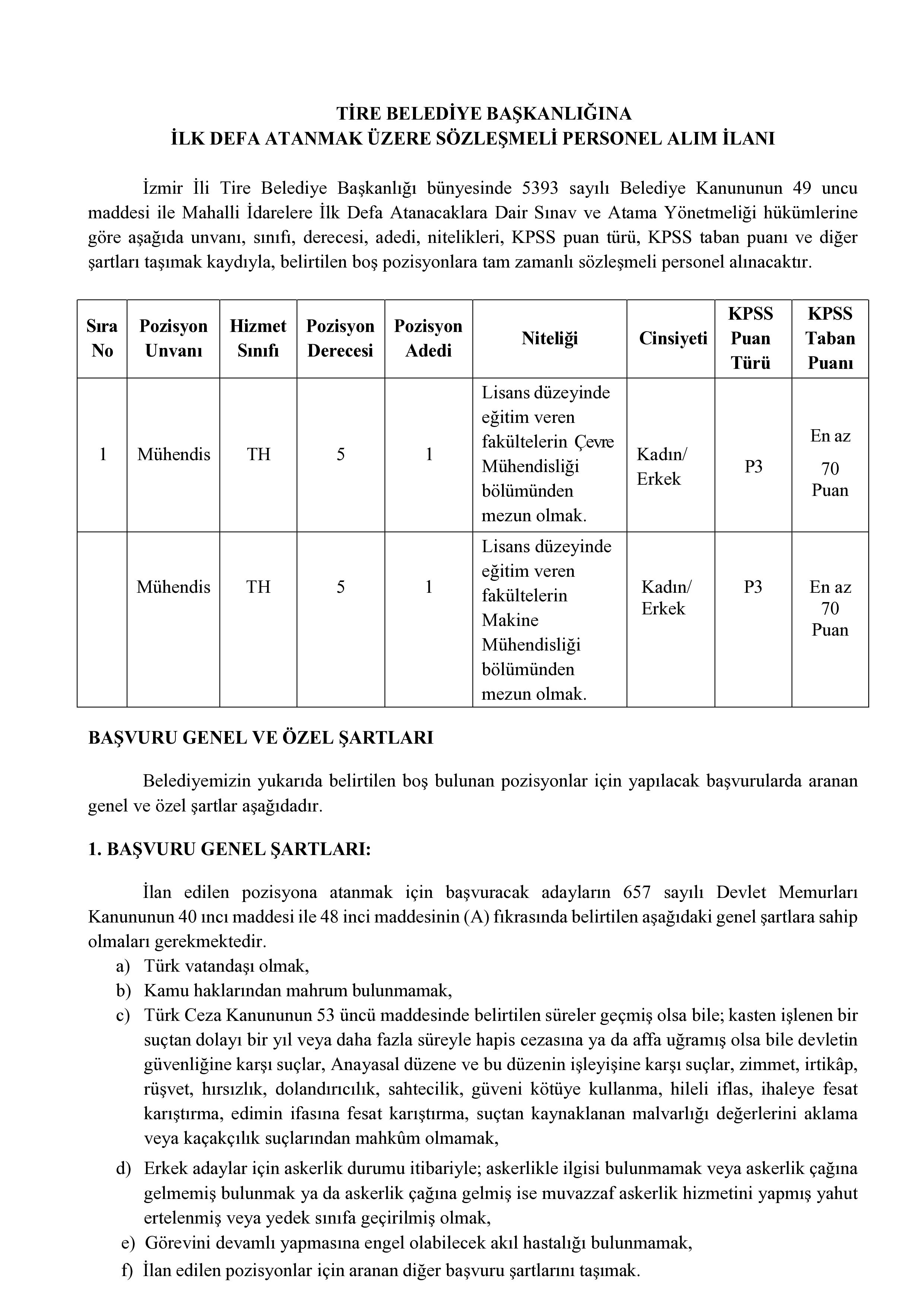 TİRE BELEDİYE BAŞKANLIĞI 2 SÖZLEŞMELİ PERSONEL ALACAK ( 17 Kasım - 19 Kasım) İlan İçeriği Sayfa 1