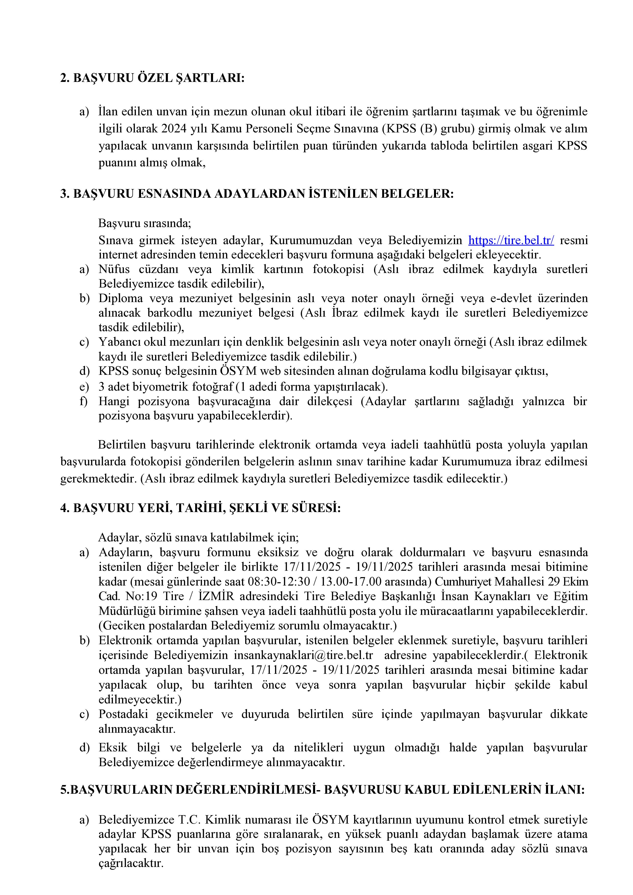 TİRE BELEDİYE BAŞKANLIĞI 2 SÖZLEŞMELİ PERSONEL ALACAK ( 17 Kasım - 19 Kasım) İlan İçeriği Sayfa 2