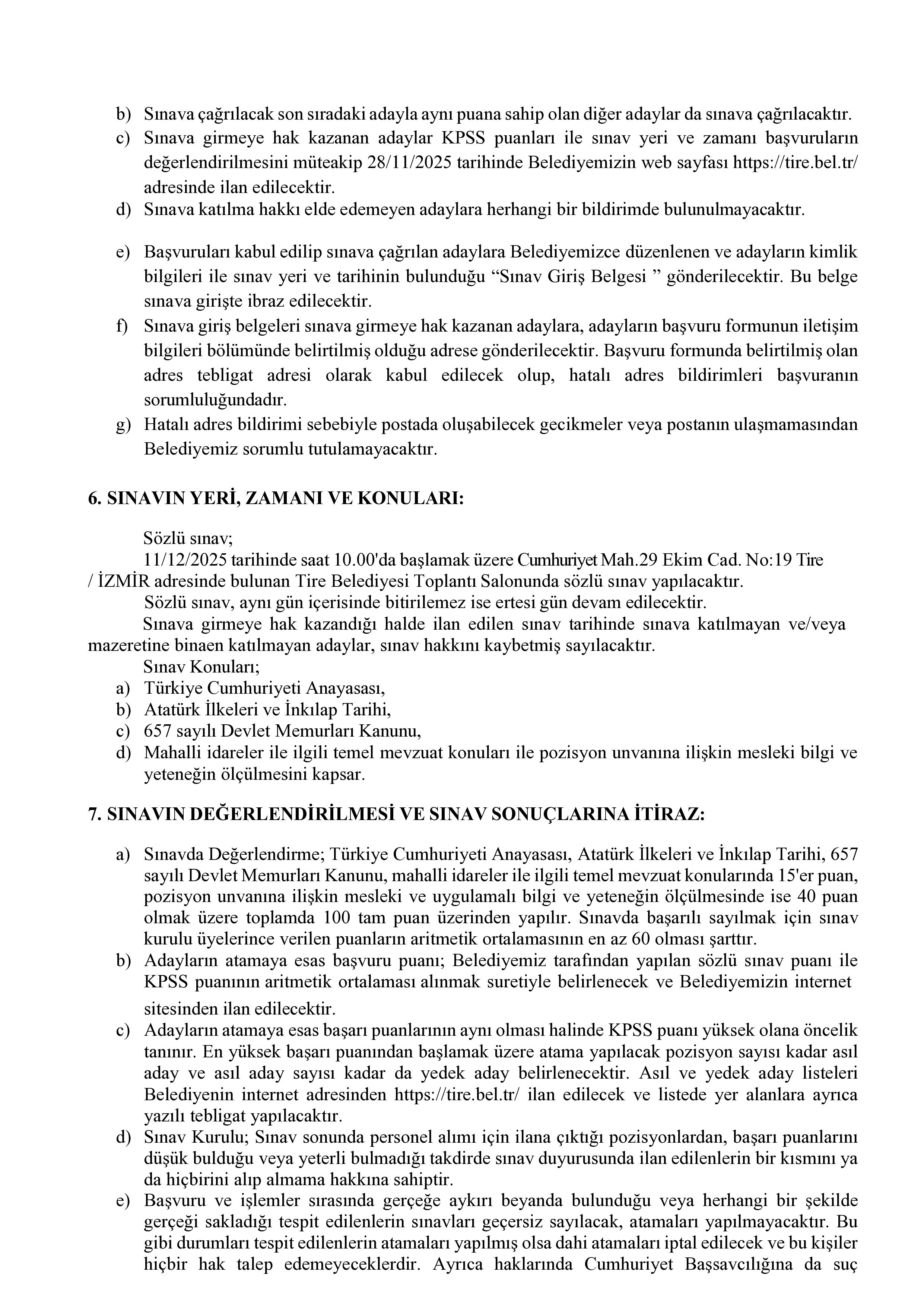 TİRE BELEDİYE BAŞKANLIĞI 2 SÖZLEŞMELİ PERSONEL ALACAK ( 17 Kasım - 19 Kasım) İlan İçeriği Sayfa 3