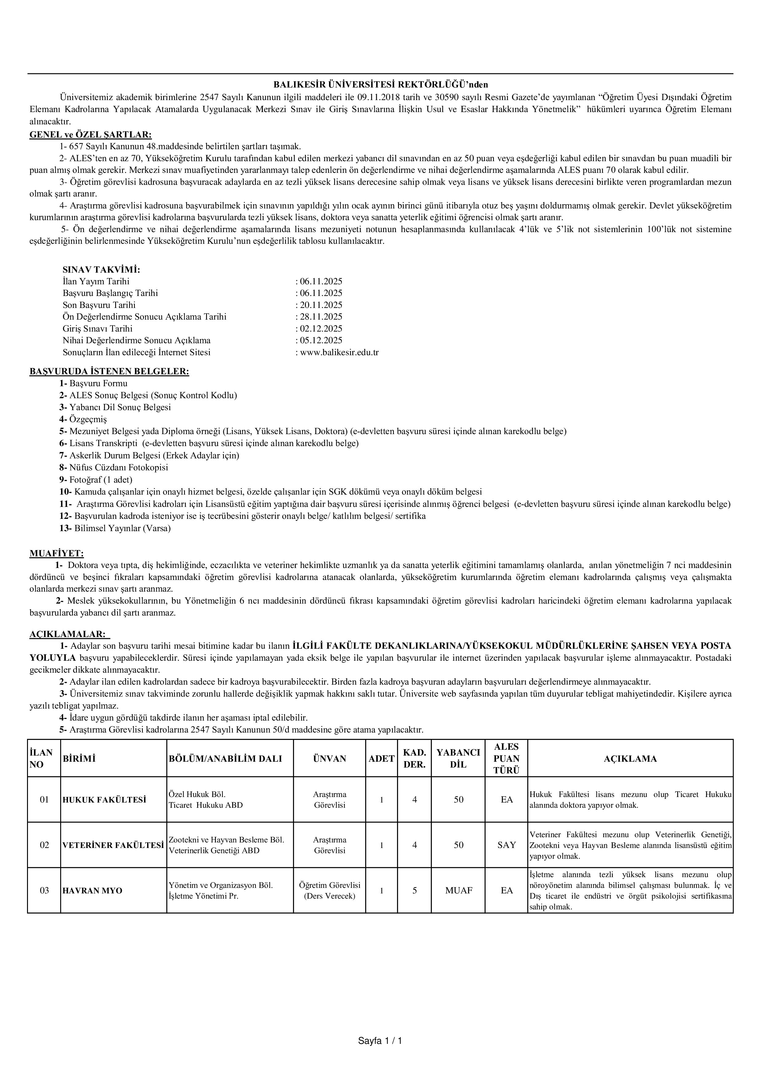 BALIKESİR ÜNİVERSİTESİ 3 ÖĞRETİM ELEMANI ALACAK ( 6 Kasım - 20 Kasım) İlan İçeriği Sayfa 1