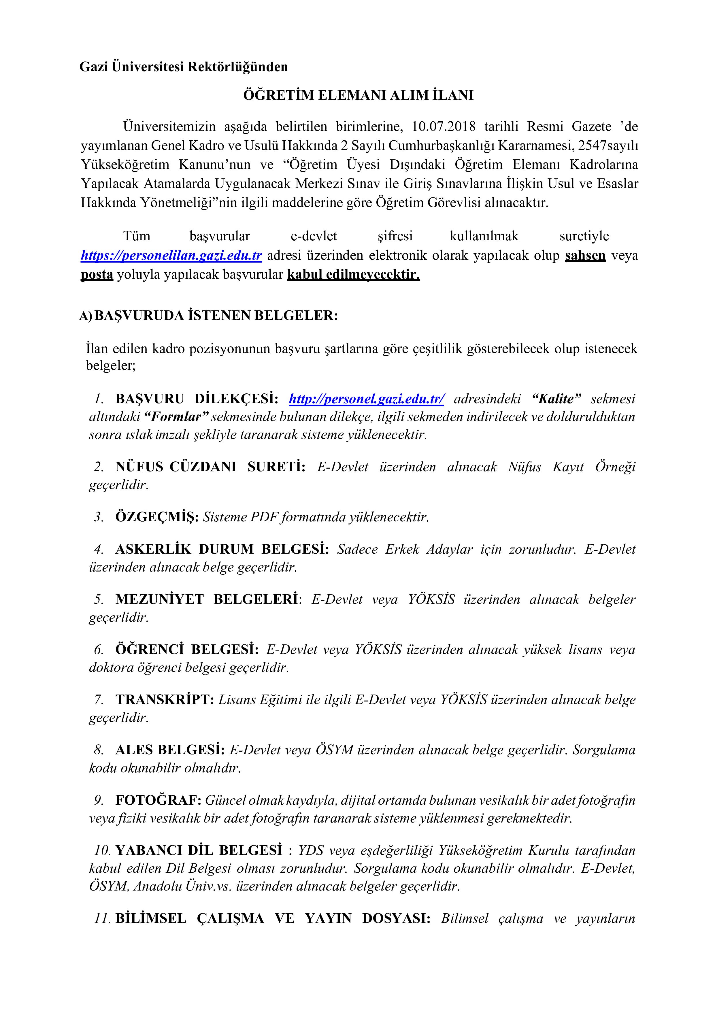 İlan İçeriği Sayfa 1 GAZİ ÜNİVERSİTESİ 8 ÖĞRETİM ELEMANI ALACAK ( 6 Kasım - 20 Kasım) İlan İçeriği Sayfa 1