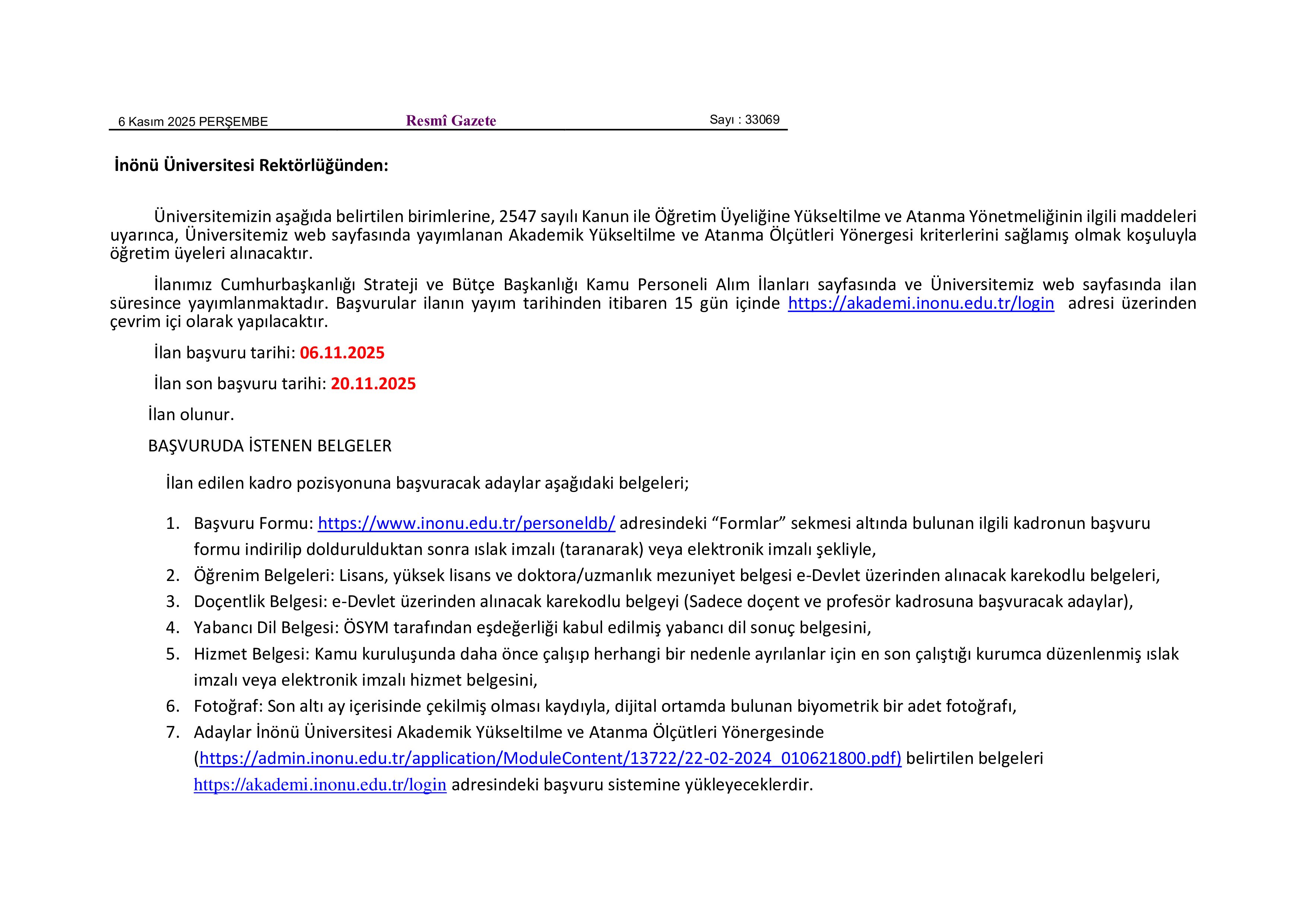 İlan İçeriği Sayfa 1 İNÖNÜ ÜNİVERSİTESİ 40 ÖĞRETİM ÜYESİ ALACAK ( 6 Kasım - 20 Kasım) İlan İçeriği Sayfa 1
