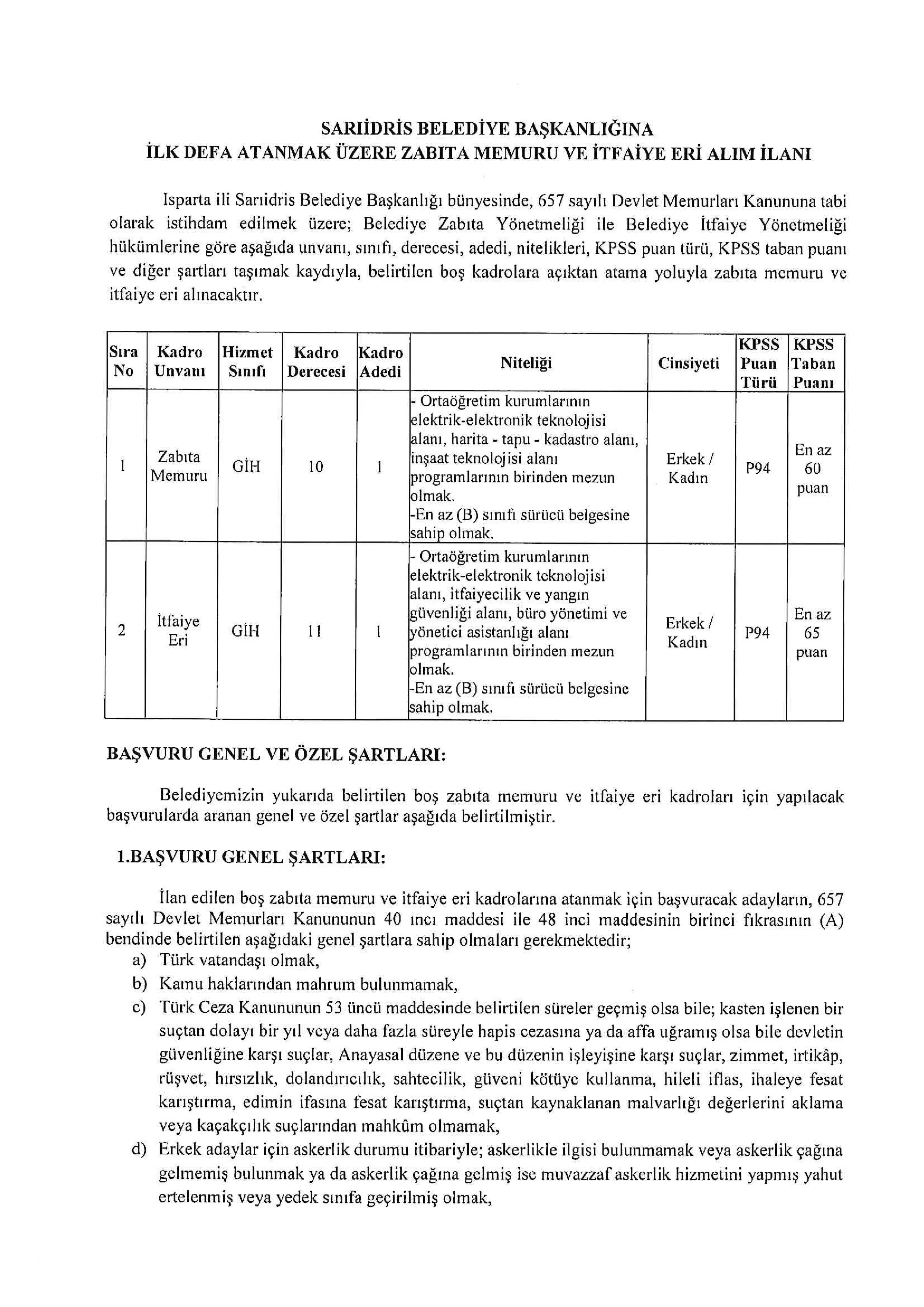 SARIİDRİS BELEDİYE BAŞKANLIĞI 2 MEMUR ALACAK ( 14 Nisan - 16 Nisan) İlan İçeriği Sayfa 1