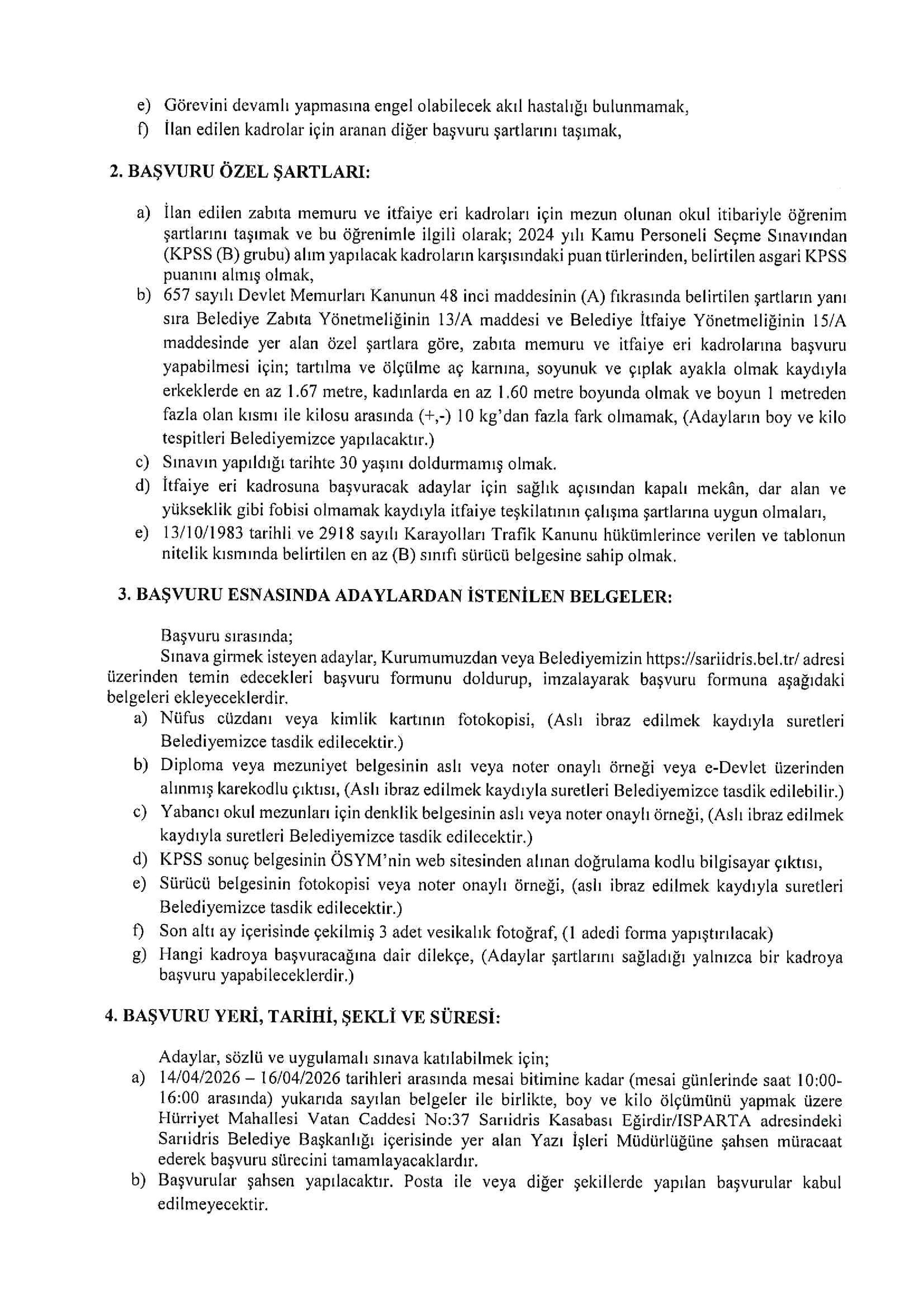 SARIİDRİS BELEDİYE BAŞKANLIĞI 2 MEMUR ALACAK ( 14 Nisan - 16 Nisan) İlan İçeriği Sayfa 2