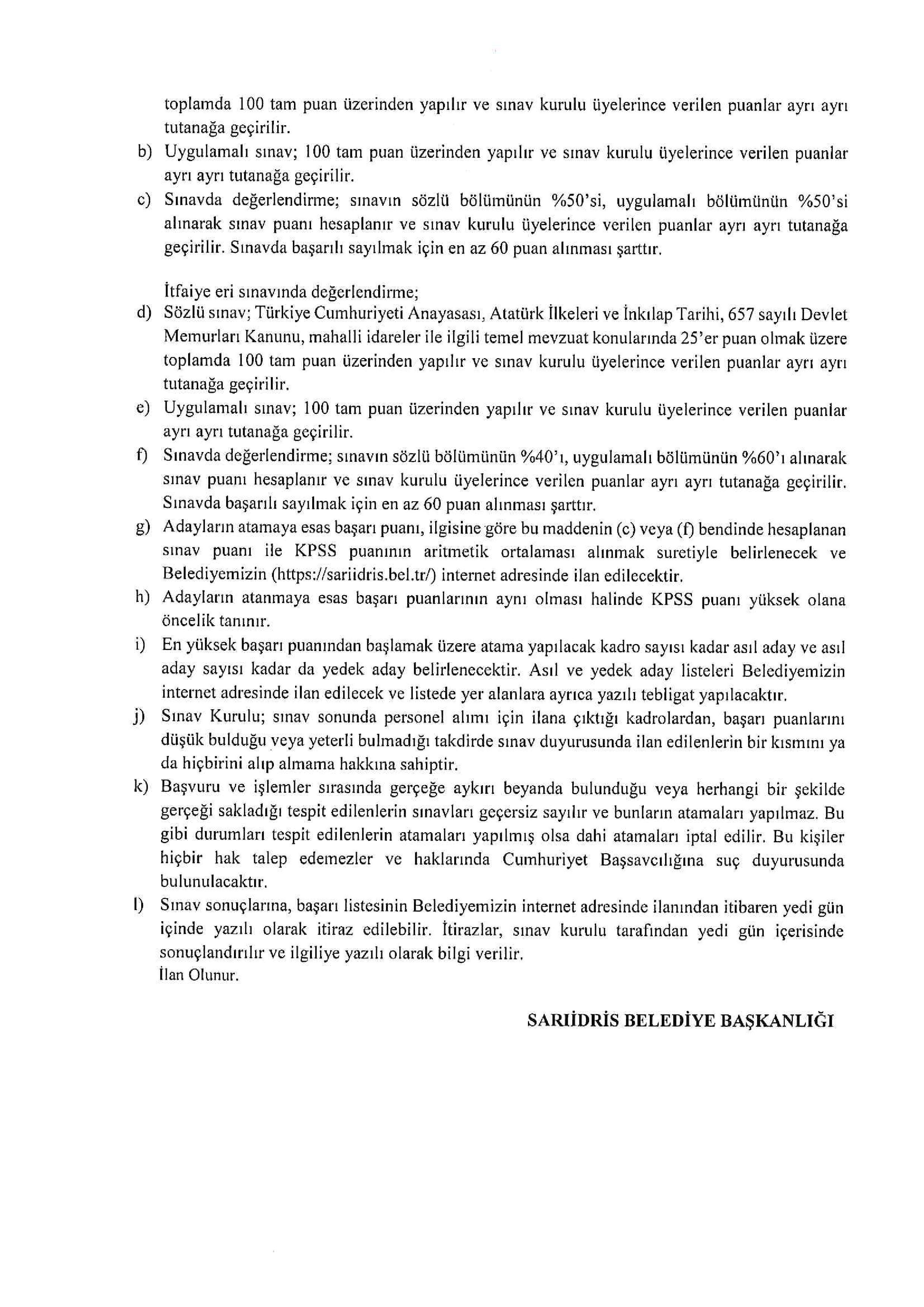 SARIİDRİS BELEDİYE BAŞKANLIĞI 2 MEMUR ALACAK ( 14 Nisan - 16 Nisan) İlan İçeriği Sayfa 4