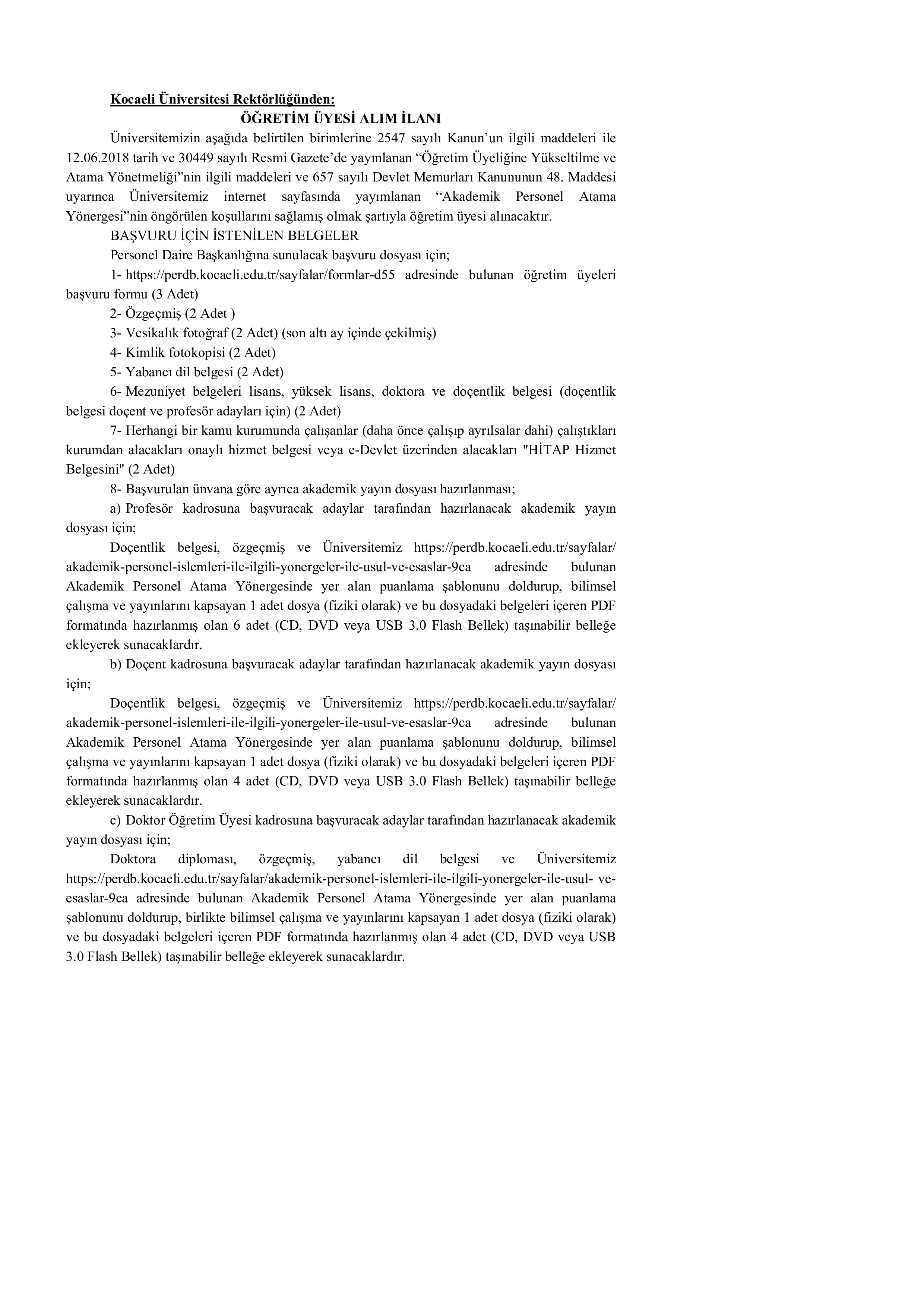 KOCAELİ ÜNİVERSİTESİ 18 ÖĞRETİM ÜYESİ ALACAK ( 6 Mayıs - 20 Mayıs) İlan İçeriği Sayfa 1