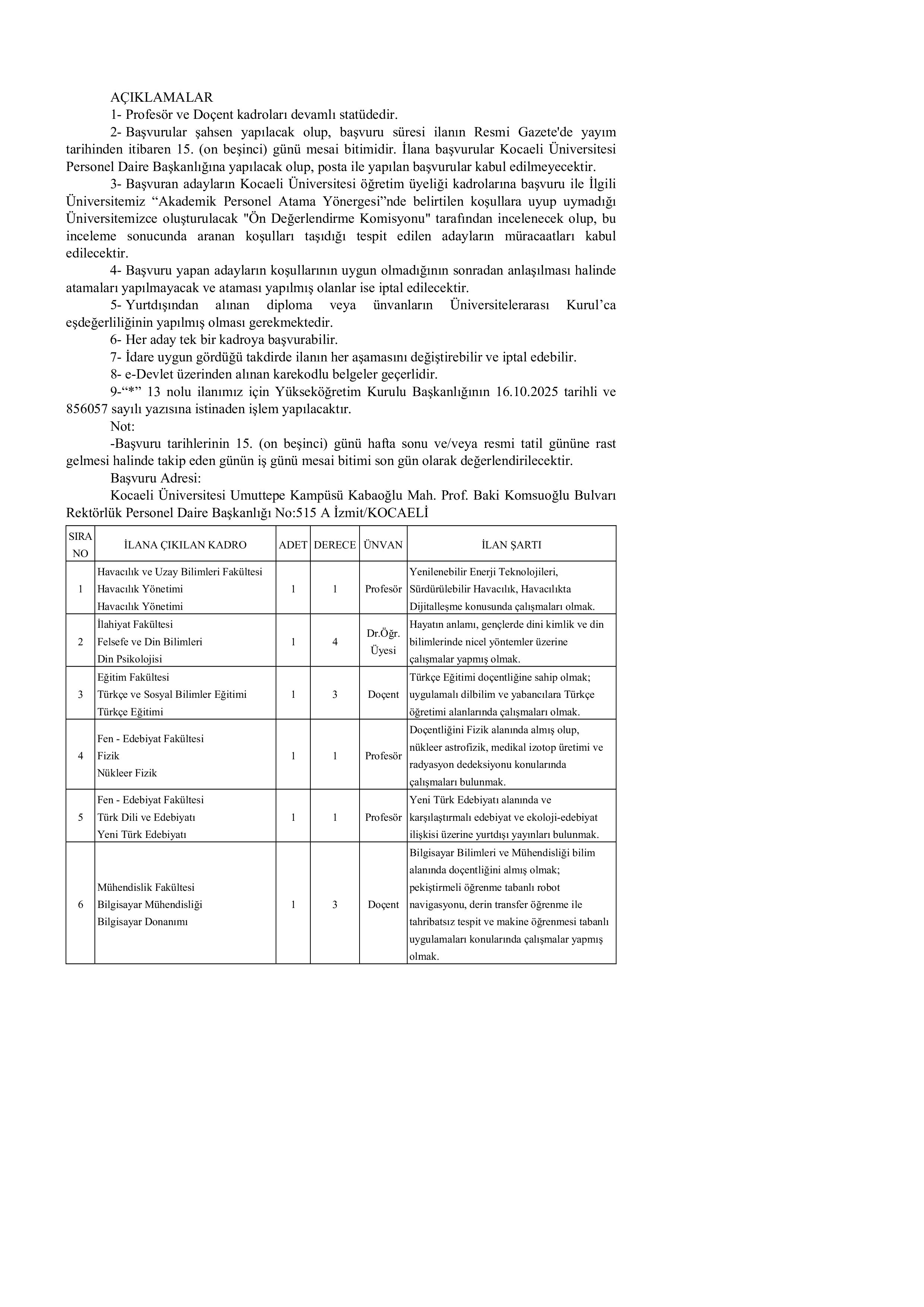 KOCAELİ ÜNİVERSİTESİ 18 ÖĞRETİM ÜYESİ ALACAK ( 6 Mayıs - 20 Mayıs) İlan İçeriği Sayfa 2