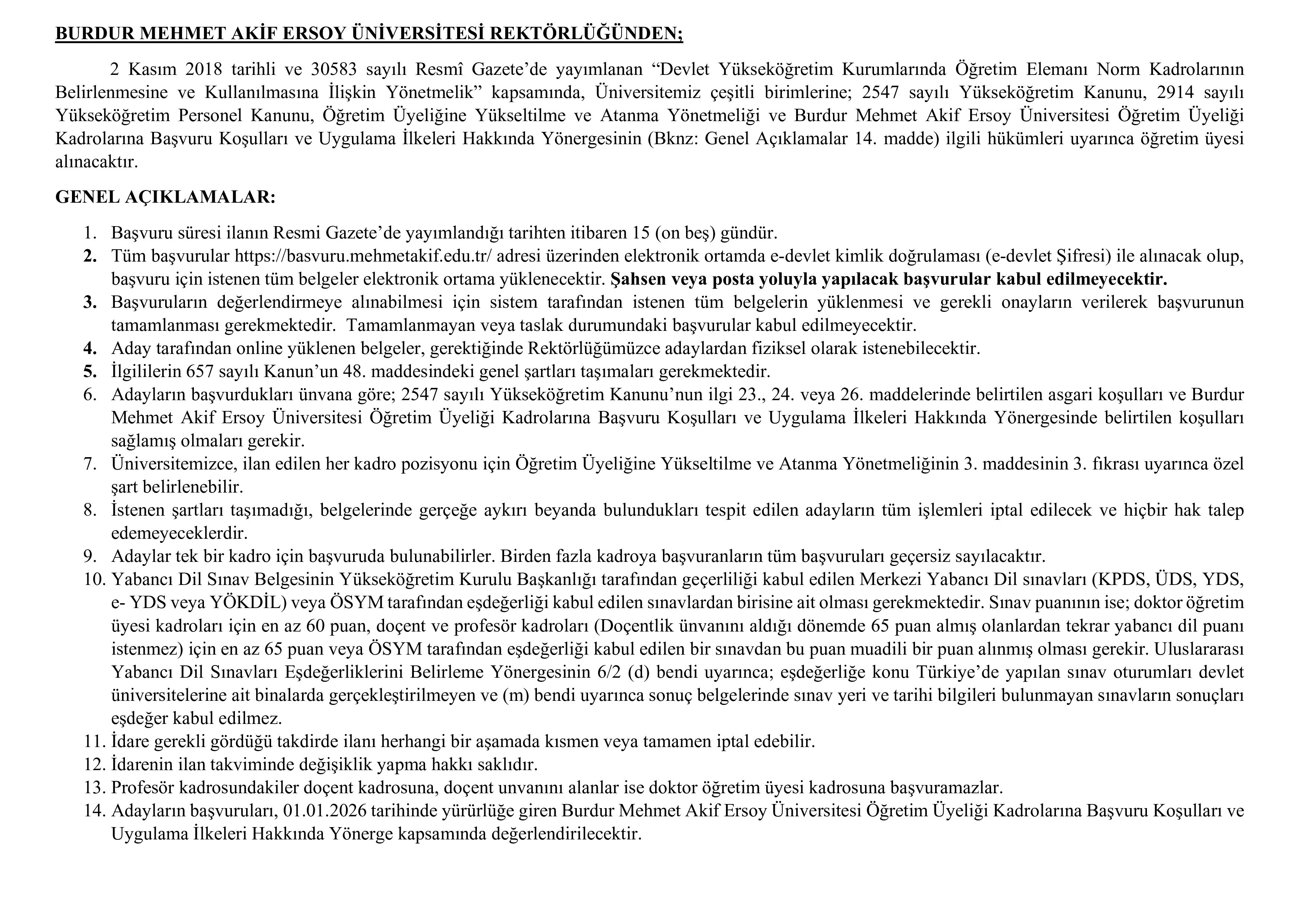 BURDUR MEHMET AKİF ERSOY ÜNİVERSİTESİ 18 ÖĞRETİM ÜYESİ ALACAK ( 6 Nisan - 20 Nisan) İlan İçeriği Sayfa 1
