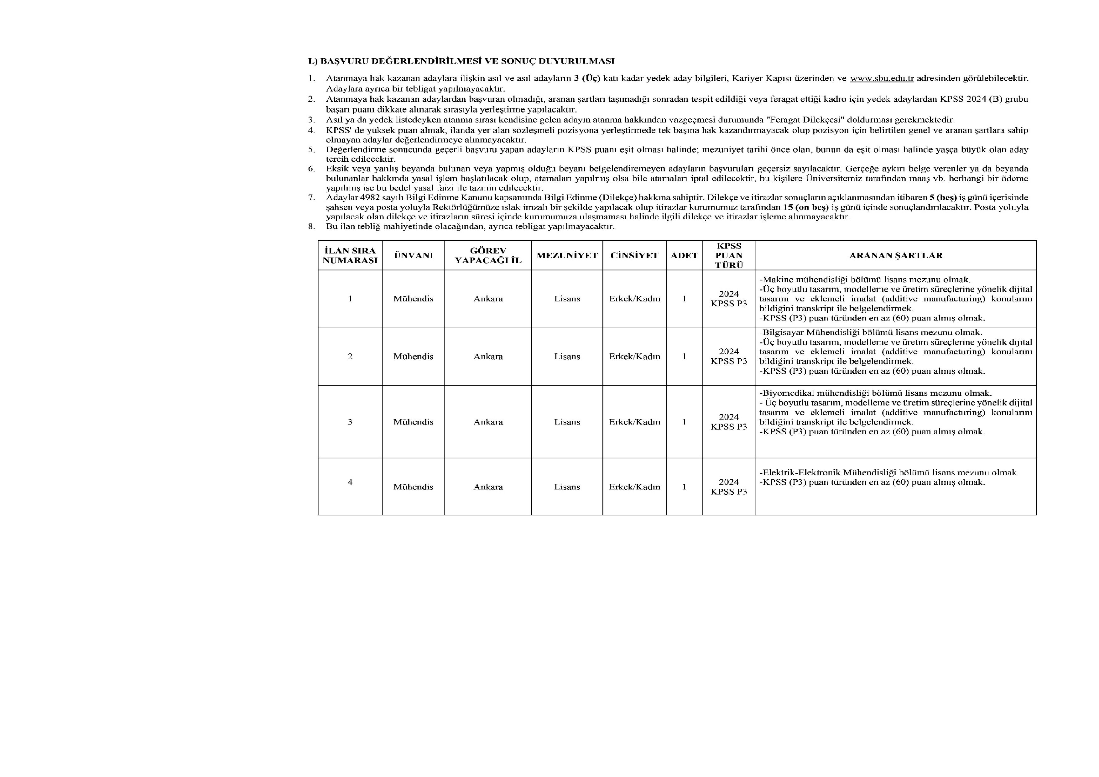 SAĞLIK BİLİMLERİ ÜNİVERSİTESİ 38 SÖZLEŞMELİ PERSONEL ALACAK ( 6 Nisan - 20 Nisan) İlan İçeriği Sayfa 3