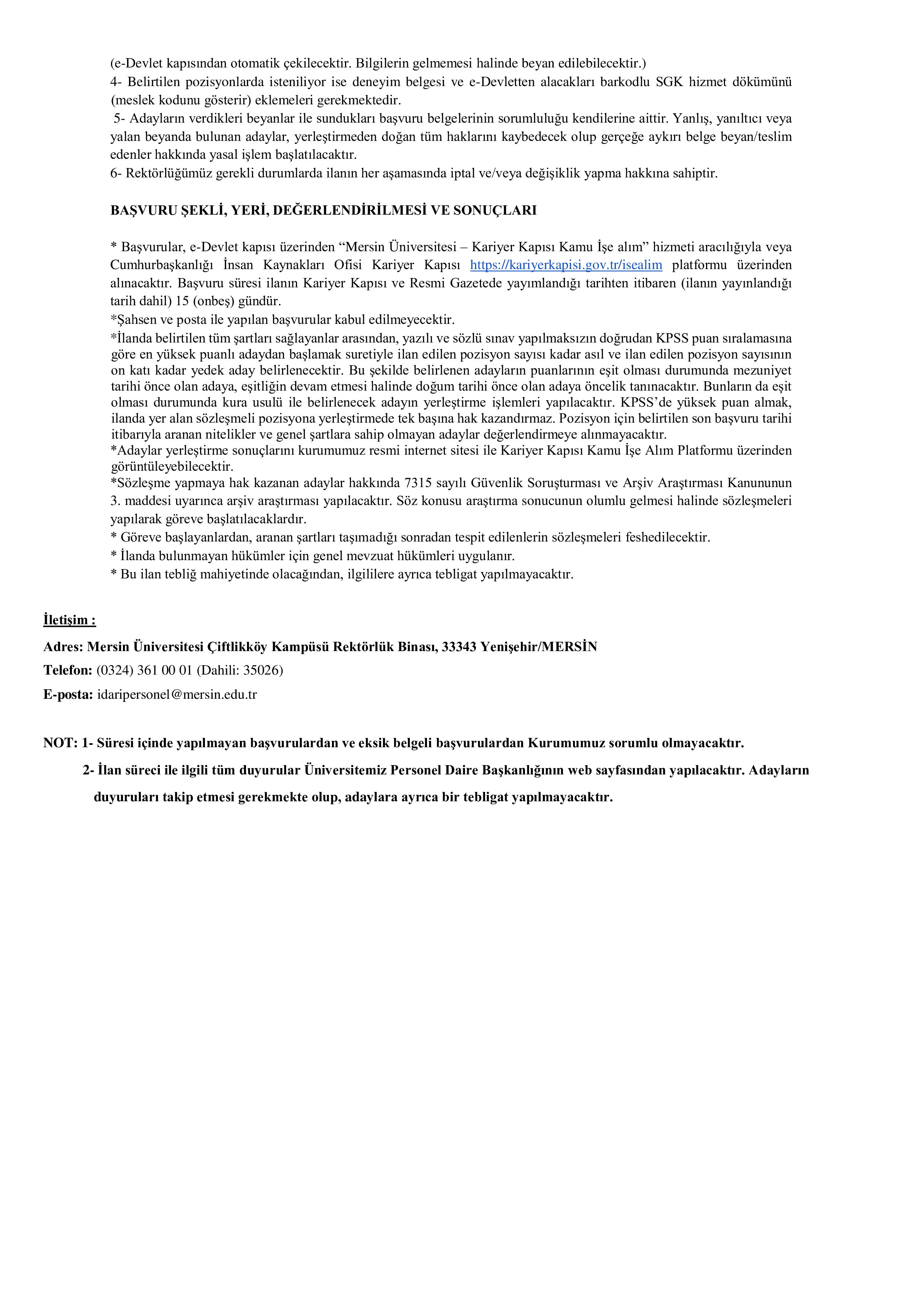 İlan İçeriği Sayfa 3 MERSİN ÜNİVERSİTESİ 97 SÖZLEŞMELİ PERSONEL ALACAK ( 6 Ocak - 20 Ocak) İlan İçeriği Sayfa 3