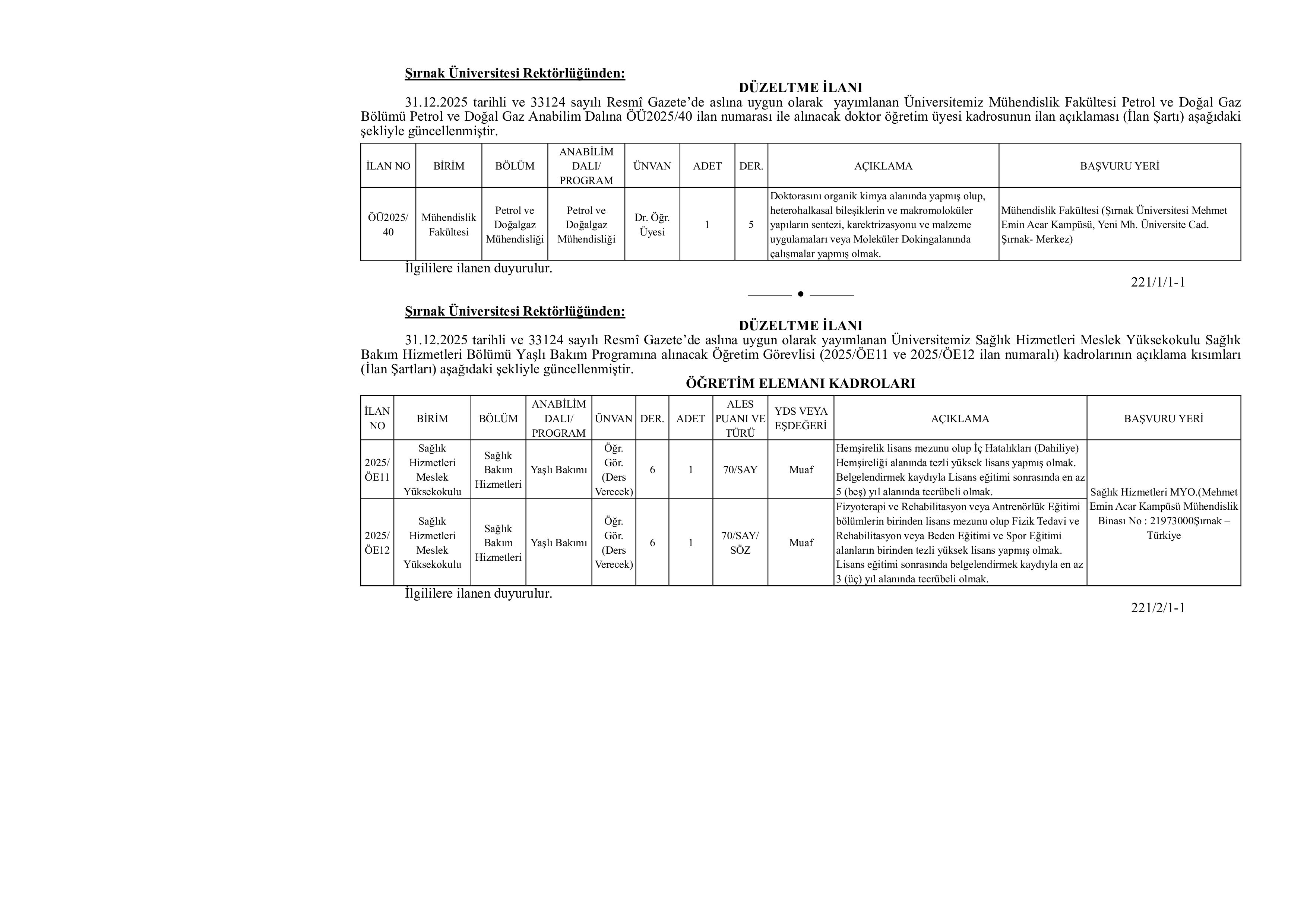 ŞIRNAK ÜNİVERSİTESİ 3 ÖĞRETİM ELEMANI DÜZELTME İLANI ( 6 Ocak - 14 Ocak) İlan İçeriği Sayfa 1