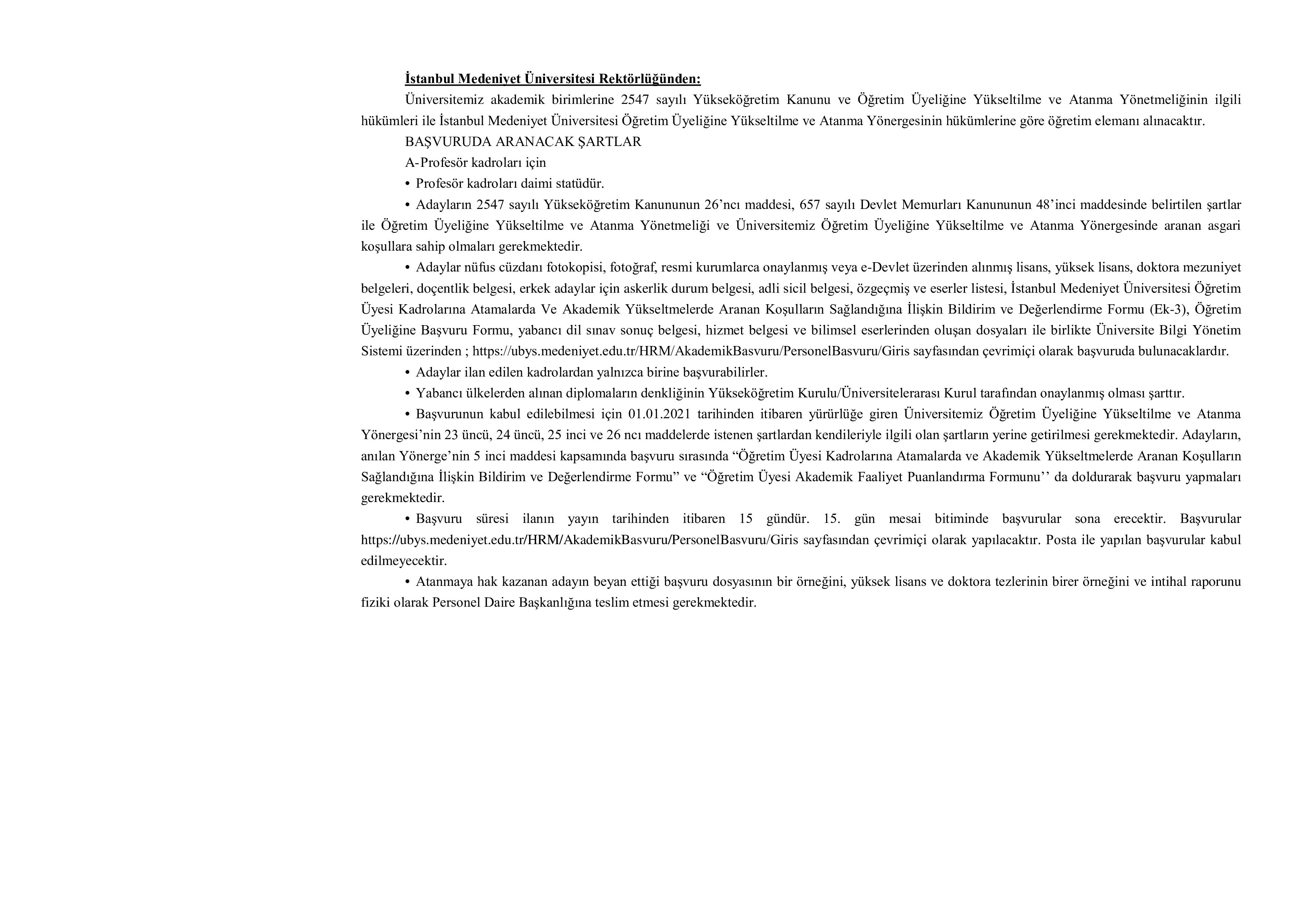 İSTANBUL MEDENİYET ÜNİVERSİTESİ 13 ÖĞRETİM ÜYESİ ALACAK ( 7 Aralık - 22 Aralık) İlan İçeriği Sayfa 1