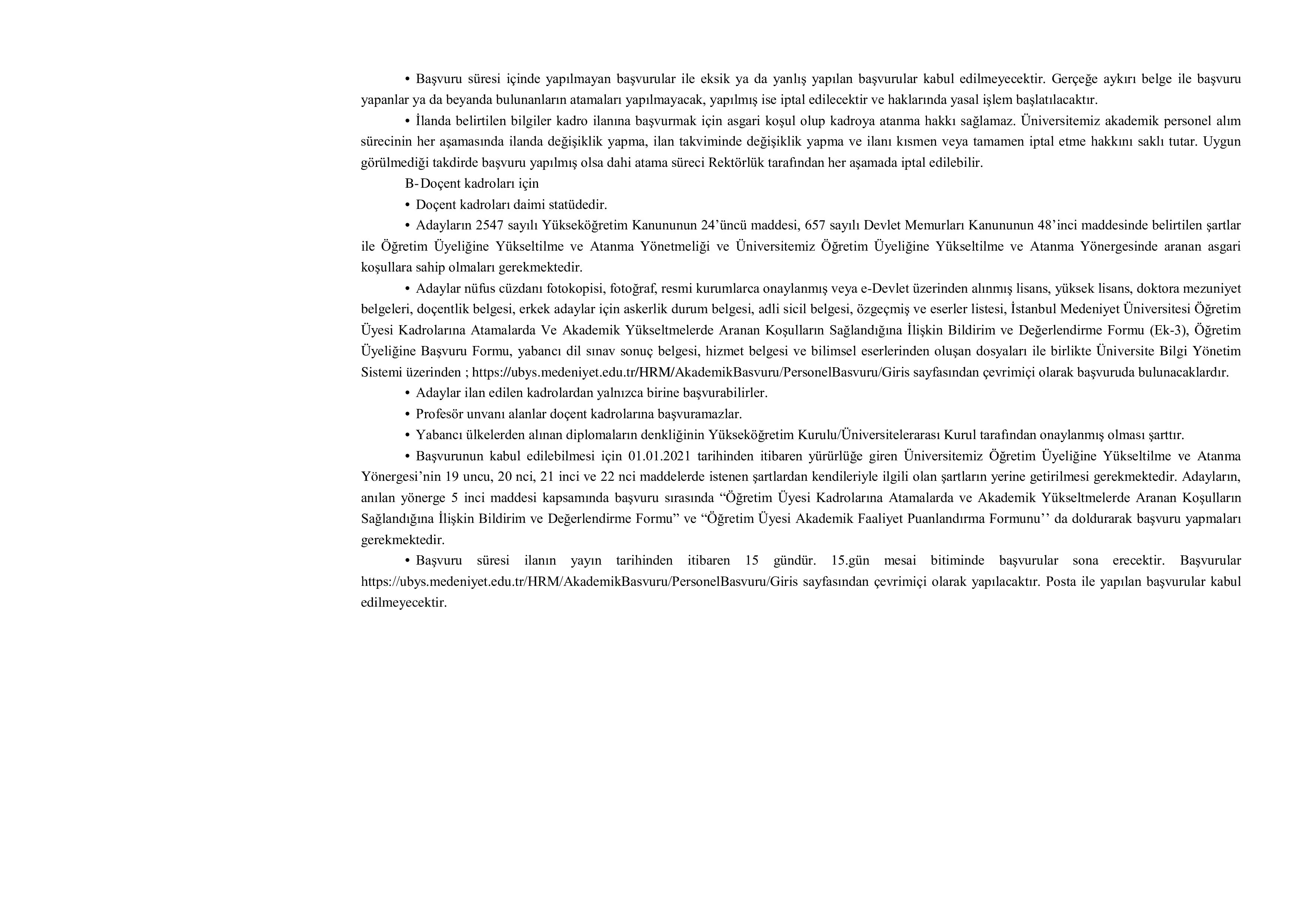 İSTANBUL MEDENİYET ÜNİVERSİTESİ 13 ÖĞRETİM ÜYESİ ALACAK ( 7 Aralık - 22 Aralık) İlan İçeriği Sayfa 2