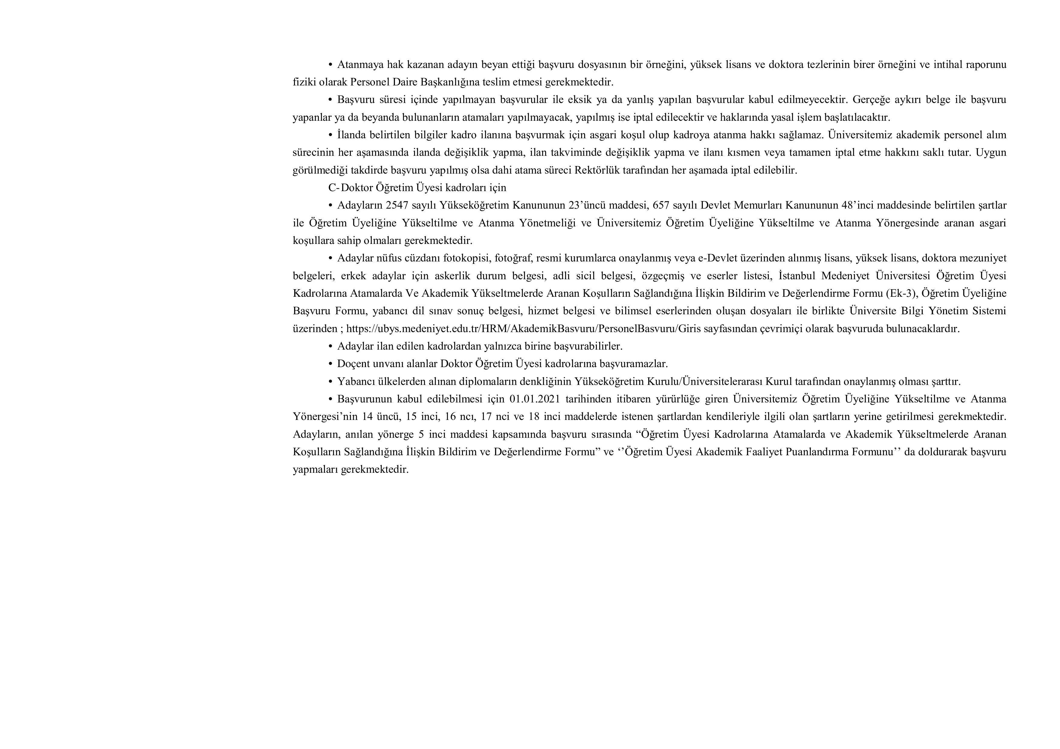 İSTANBUL MEDENİYET ÜNİVERSİTESİ 13 ÖĞRETİM ÜYESİ ALACAK ( 7 Aralık - 22 Aralık) İlan İçeriği Sayfa 3
