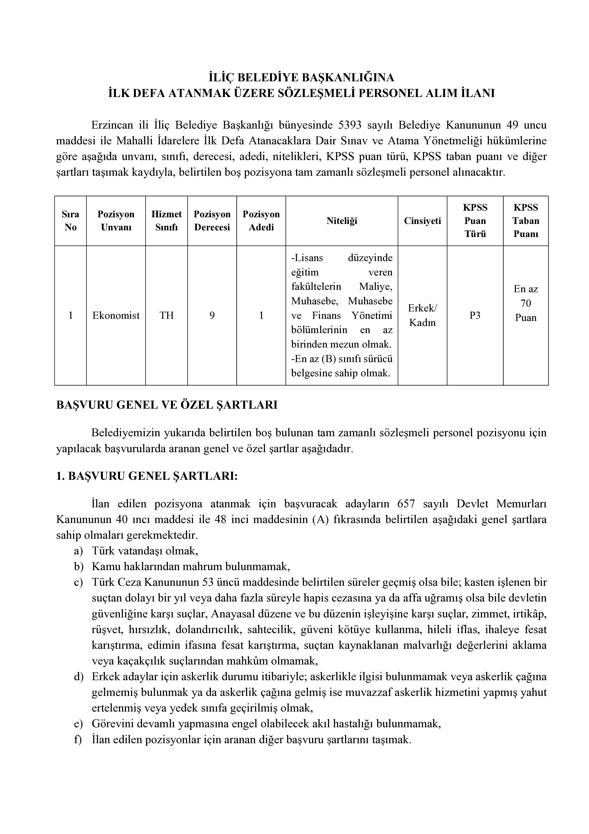 İLİÇ BELEDİYE BAŞKANLIĞI 1 SÖZLEŞMELİ PERSONEL ALACAK( Ekonomist) ( 17 Kasım - 19 Kasım) İlan İçeriği Sayfa 1