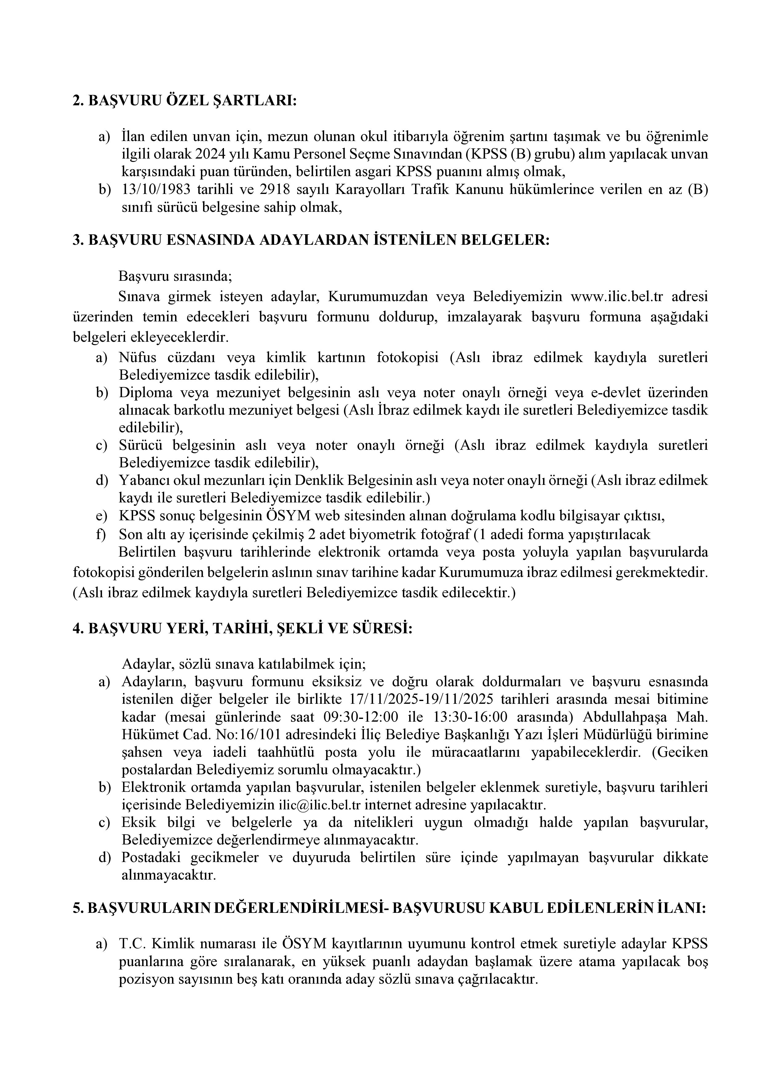 İLİÇ BELEDİYE BAŞKANLIĞI 1 SÖZLEŞMELİ PERSONEL ALACAK( Ekonomist) ( 17 Kasım - 19 Kasım) İlan İçeriği Sayfa 2