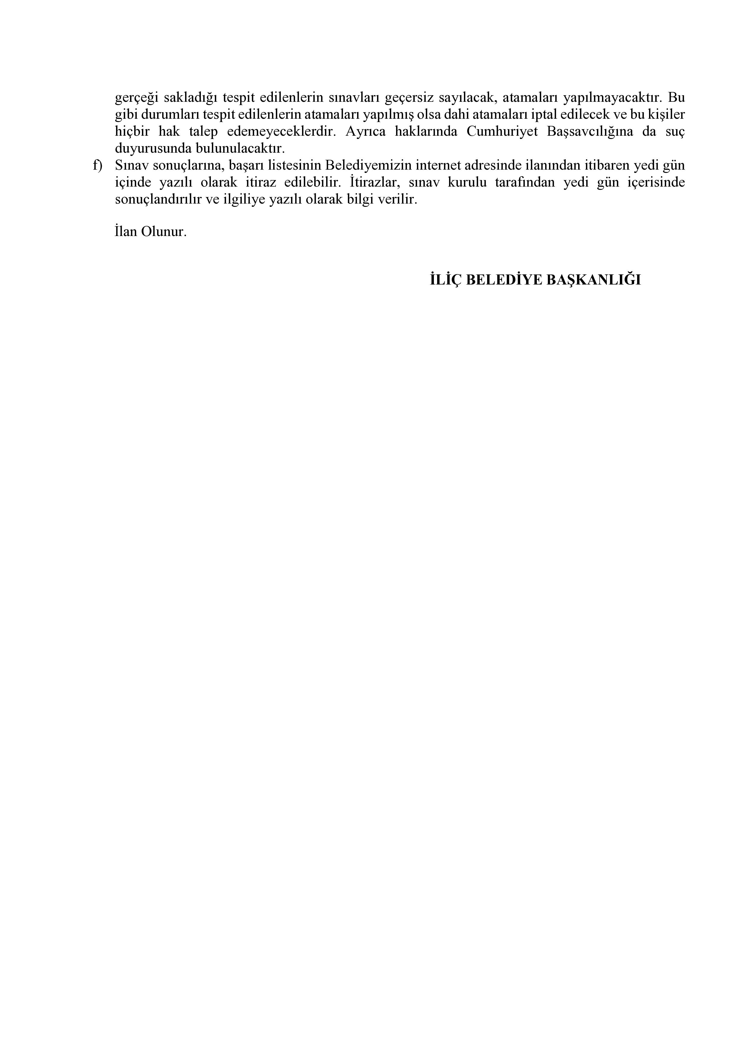 İLİÇ BELEDİYE BAŞKANLIĞI 1 SÖZLEŞMELİ PERSONEL ALACAK( Ekonomist) ( 17 Kasım - 19 Kasım) İlan İçeriği Sayfa 4