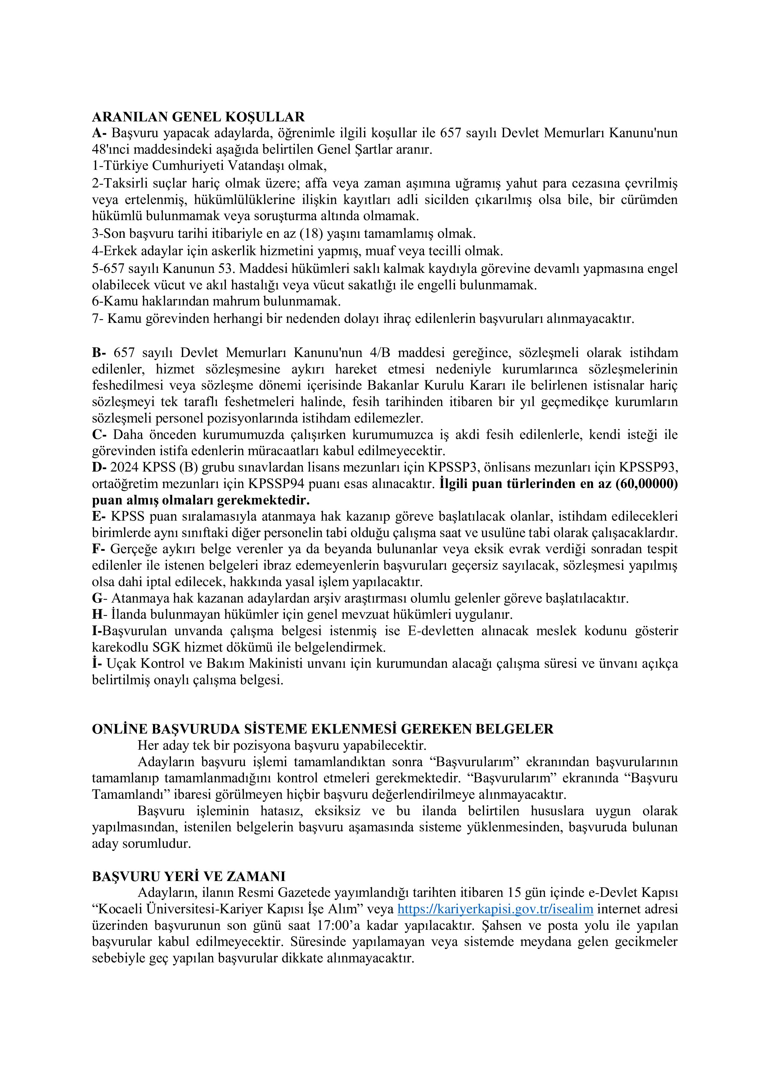 KOCAELİ ÜNİVERSİTESİ 115 SÖZLEŞMELİ PERSONEL ALACAK ( 7 Kasım - 21 Kasım) İlan İçeriği Sayfa 4