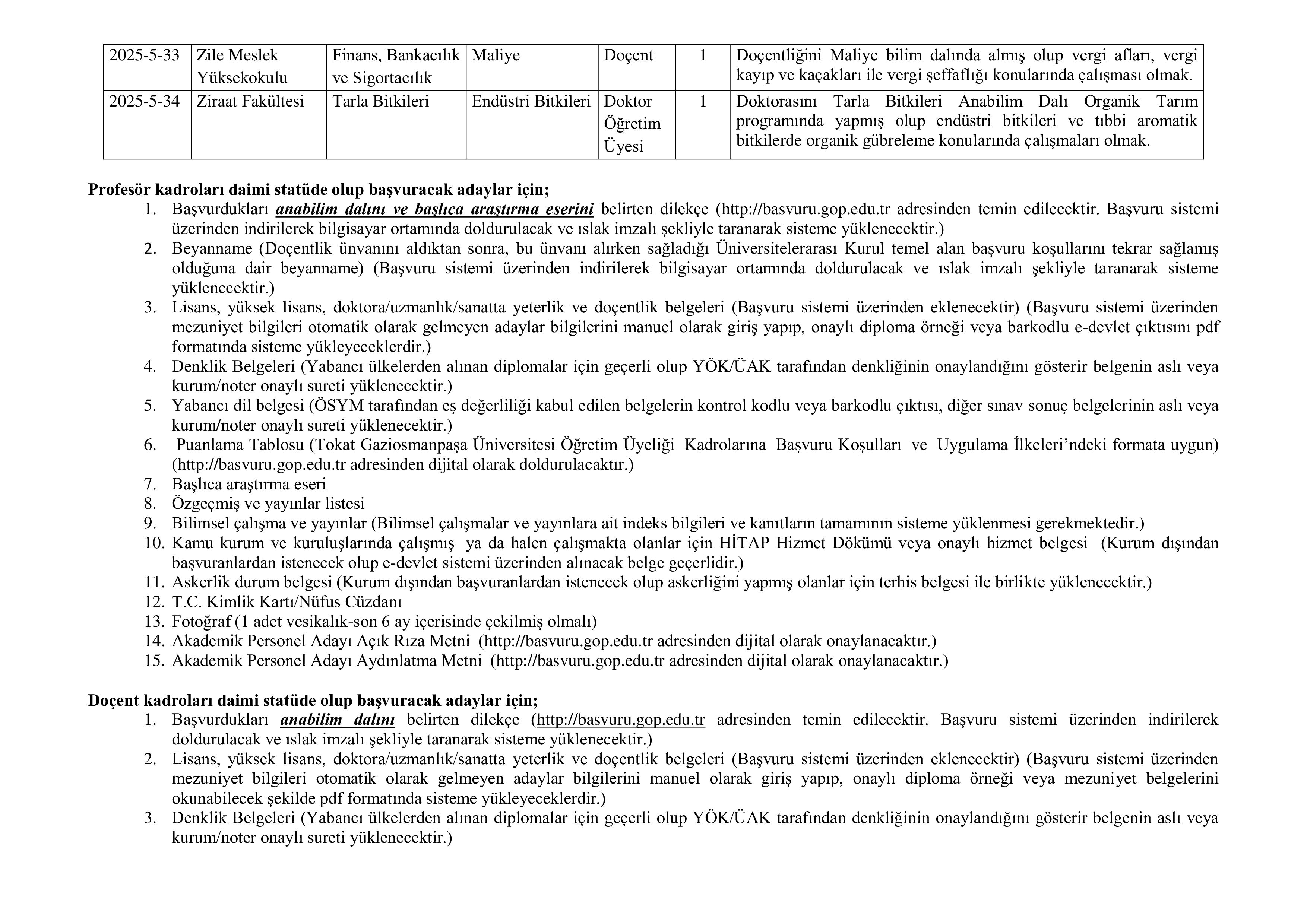 İlan İçeriği Sayfa 4 TOKAT GAZİOSMANPAŞA ÜNİVERSİTESİ 34 ÖĞRETİM ÜYESİ ALACAK ( 7 Kasım - 21 Kasım) İlan İçeriği Sayfa 4