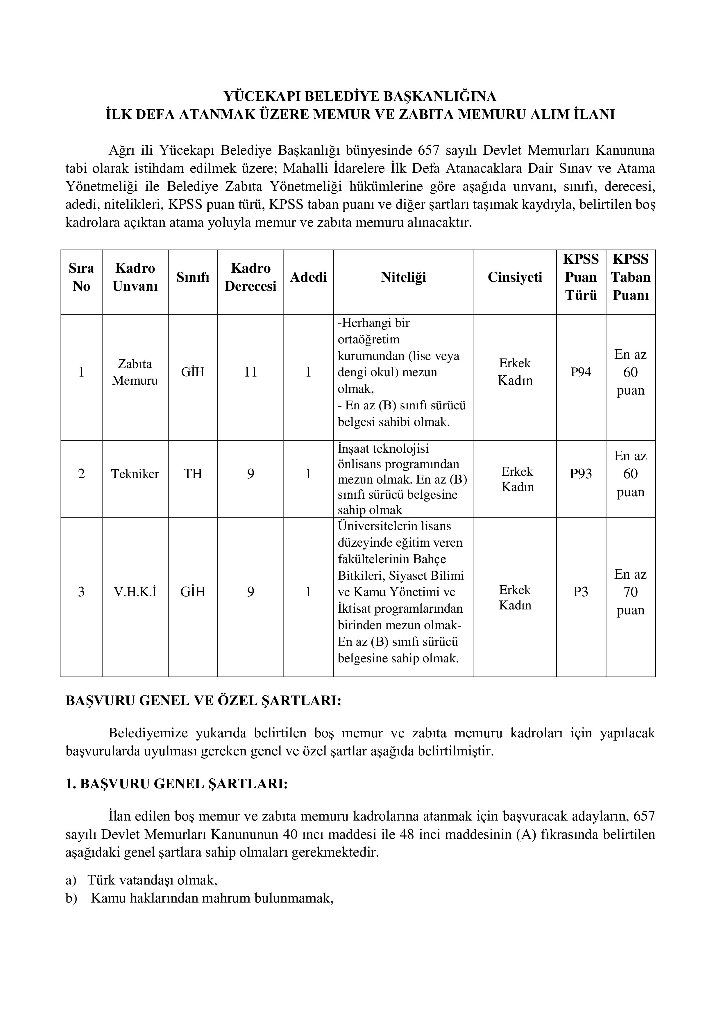YÜCEKAPI BELEDİYE BAŞKANLIĞI 3 MEMUR ALACAK ( 24 Aralık - 26 Aralık) İlan İçeriği Sayfa 1