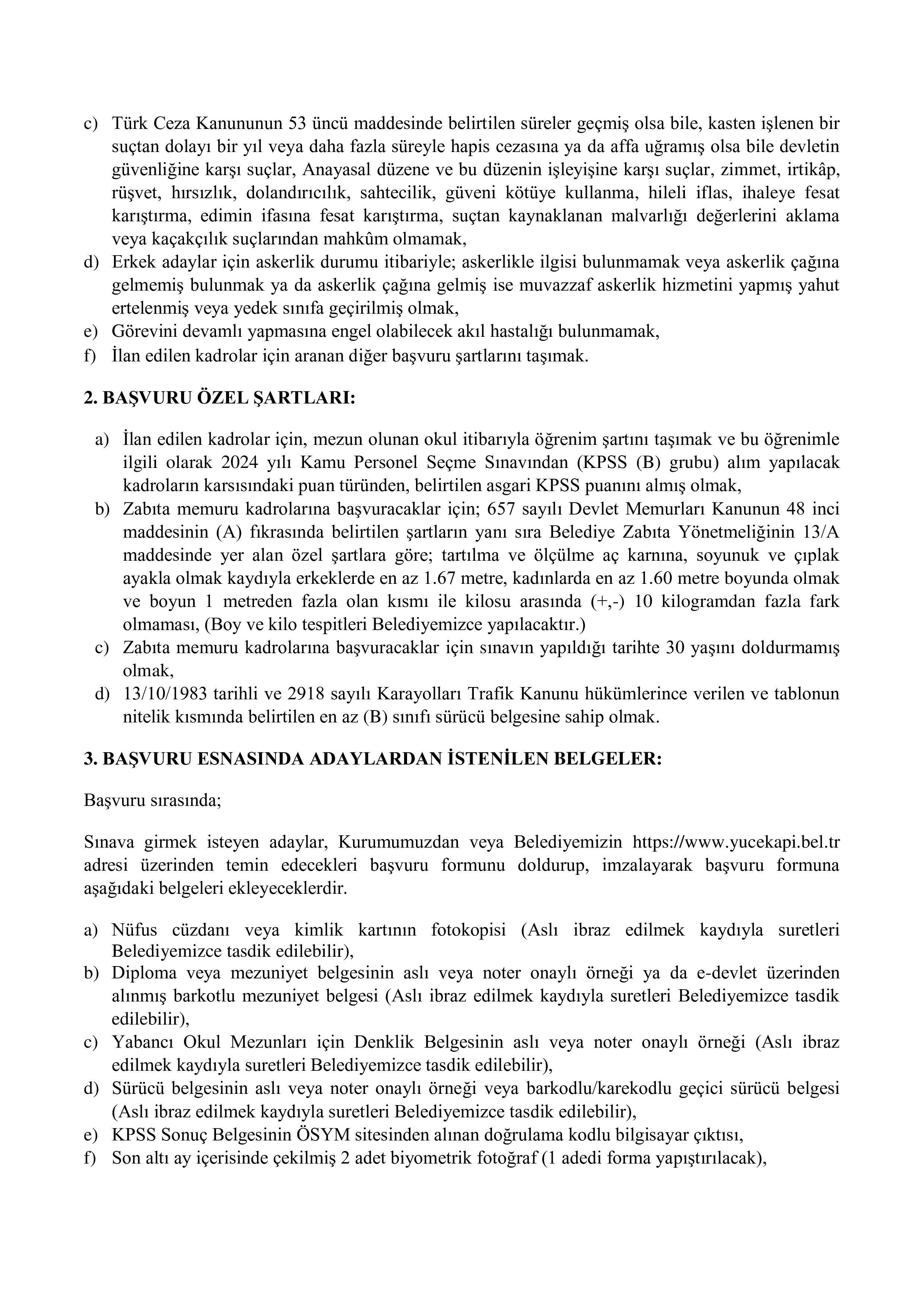 YÜCEKAPI BELEDİYE BAŞKANLIĞI 3 MEMUR ALACAK ( 24 Aralık - 26 Aralık) İlan İçeriği Sayfa 2