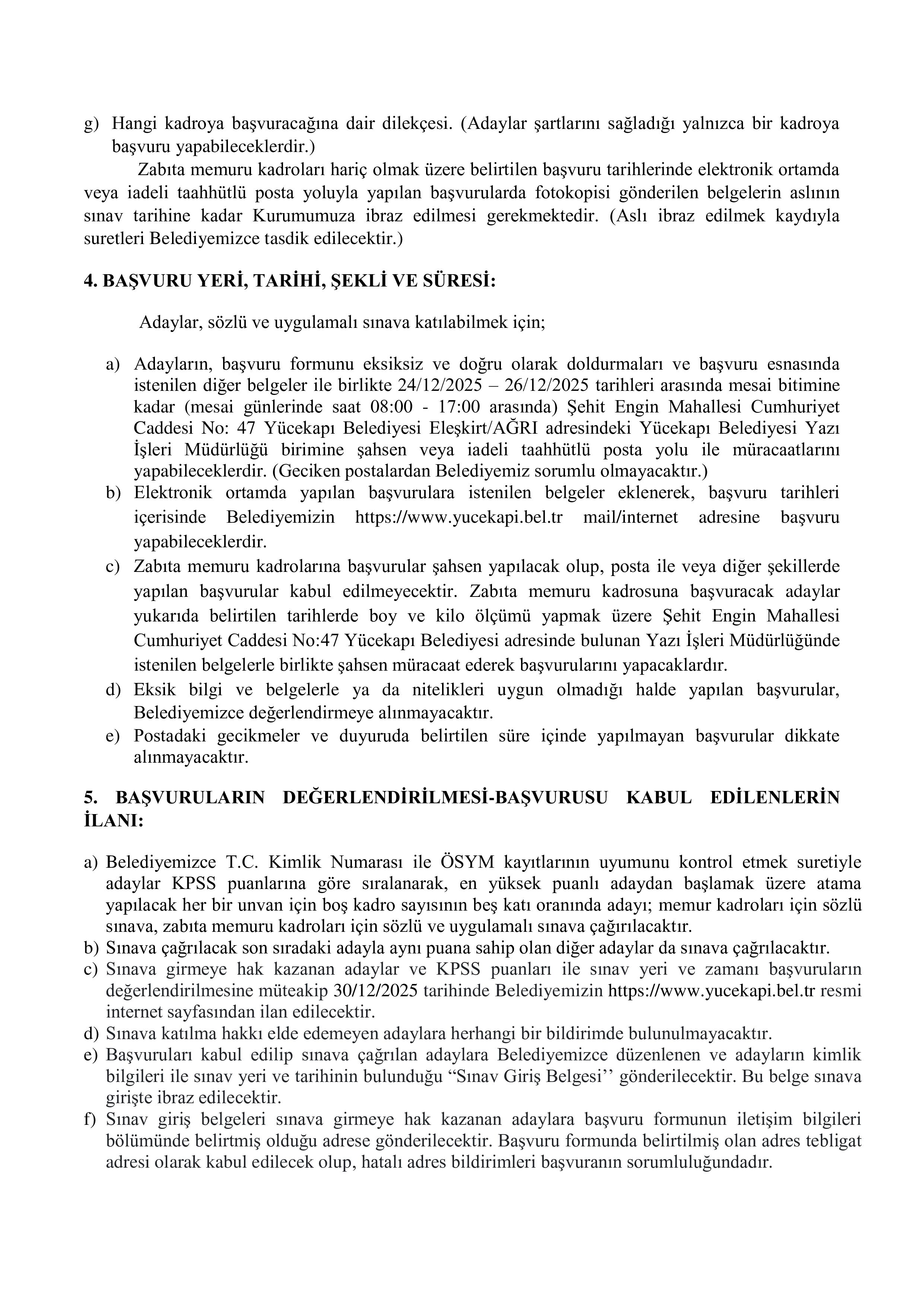 YÜCEKAPI BELEDİYE BAŞKANLIĞI 3 MEMUR ALACAK ( 24 Aralık - 26 Aralık) İlan İçeriği Sayfa 3