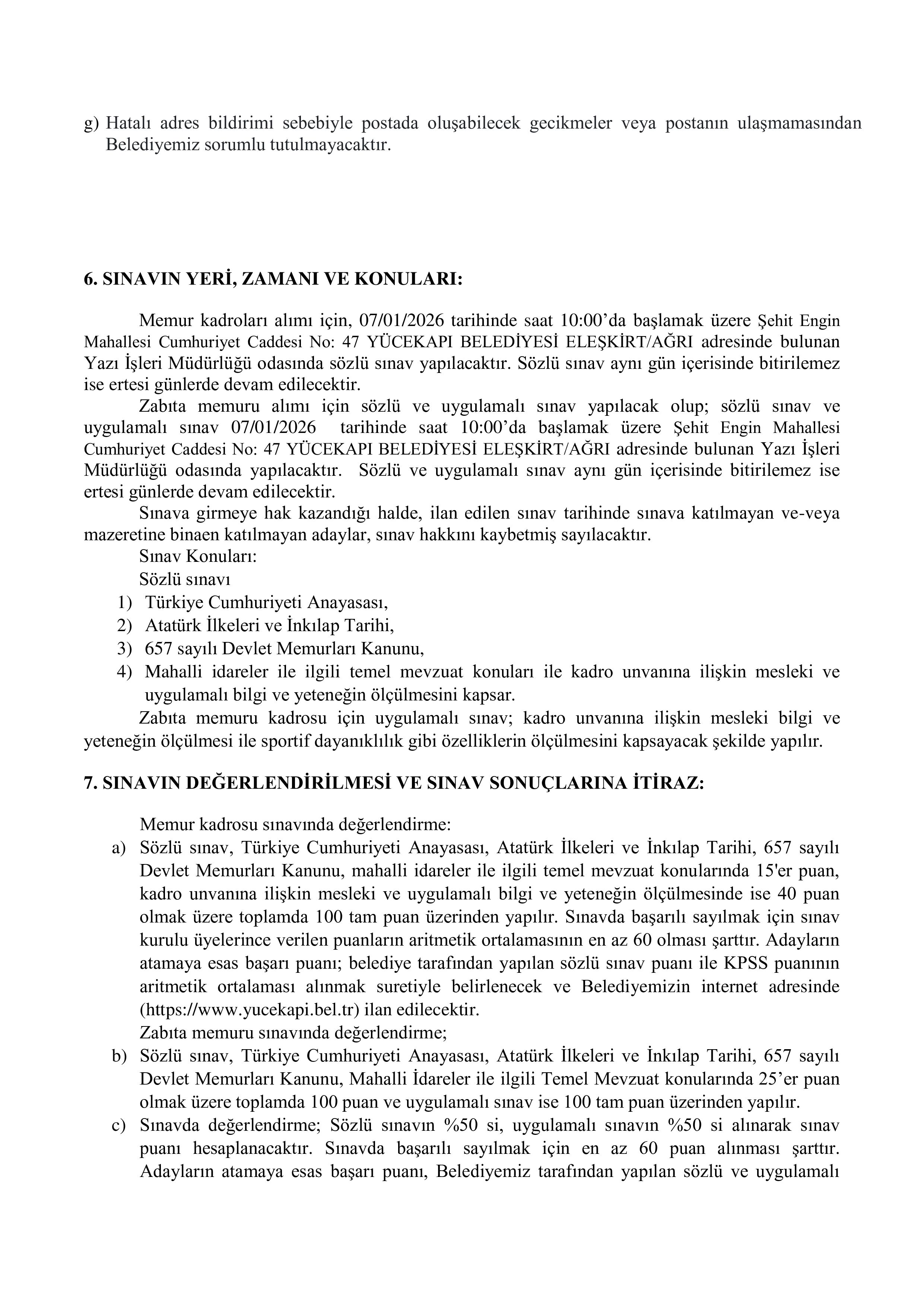 YÜCEKAPI BELEDİYE BAŞKANLIĞI 3 MEMUR ALACAK ( 24 Aralık - 26 Aralık) İlan İçeriği Sayfa 4