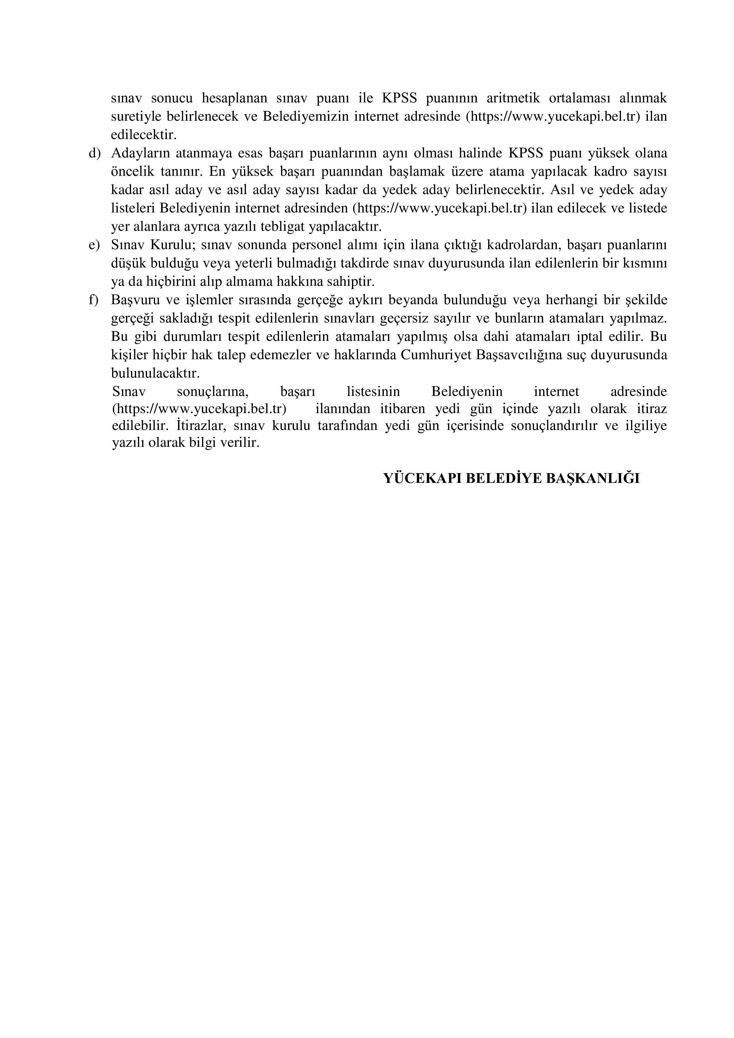 YÜCEKAPI BELEDİYE BAŞKANLIĞI 3 MEMUR ALACAK ( 24 Aralık - 26 Aralık) İlan İçeriği Sayfa 5